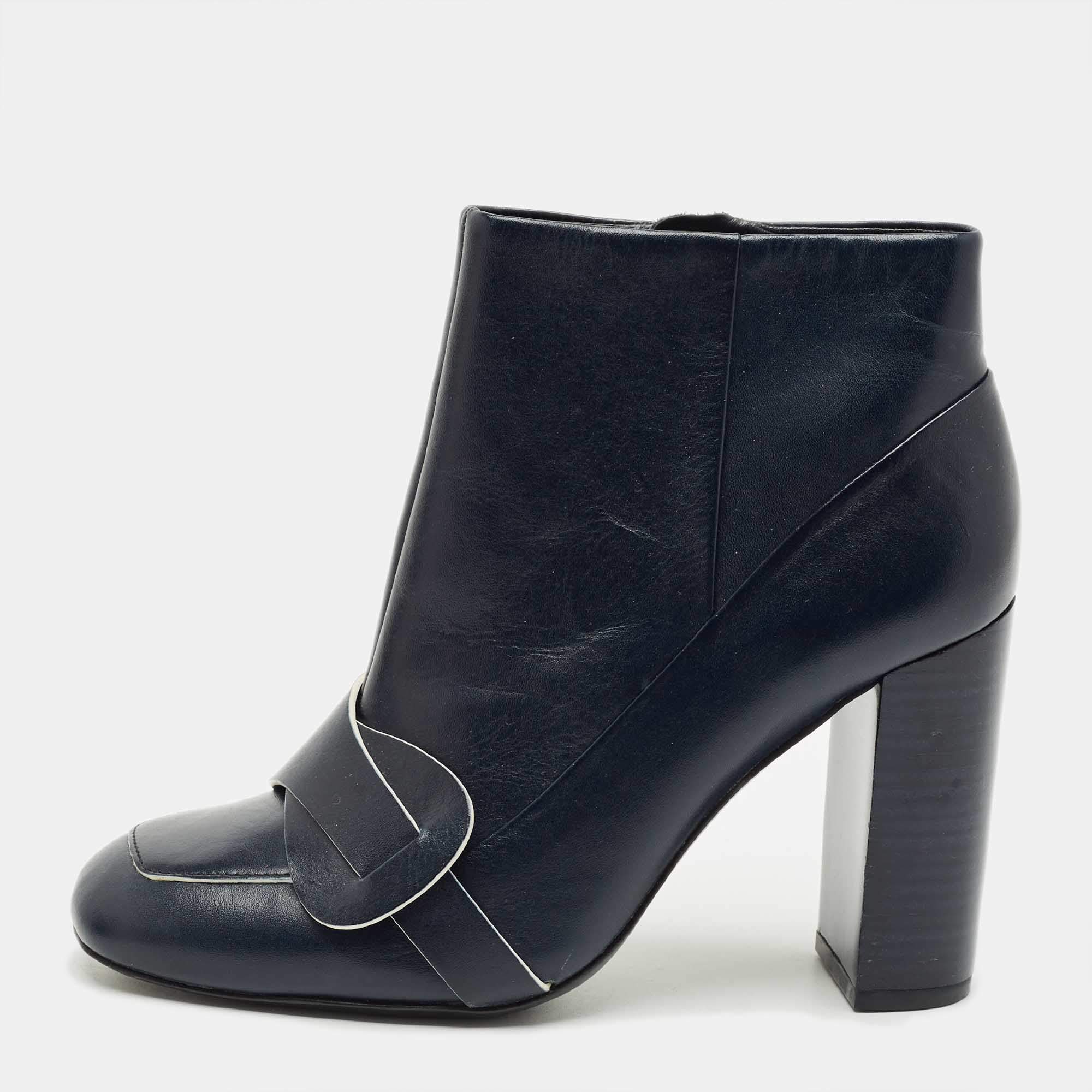 Pre Owned Tory Burch Navy Blue Leather Ankle Length Boots Size 36.5