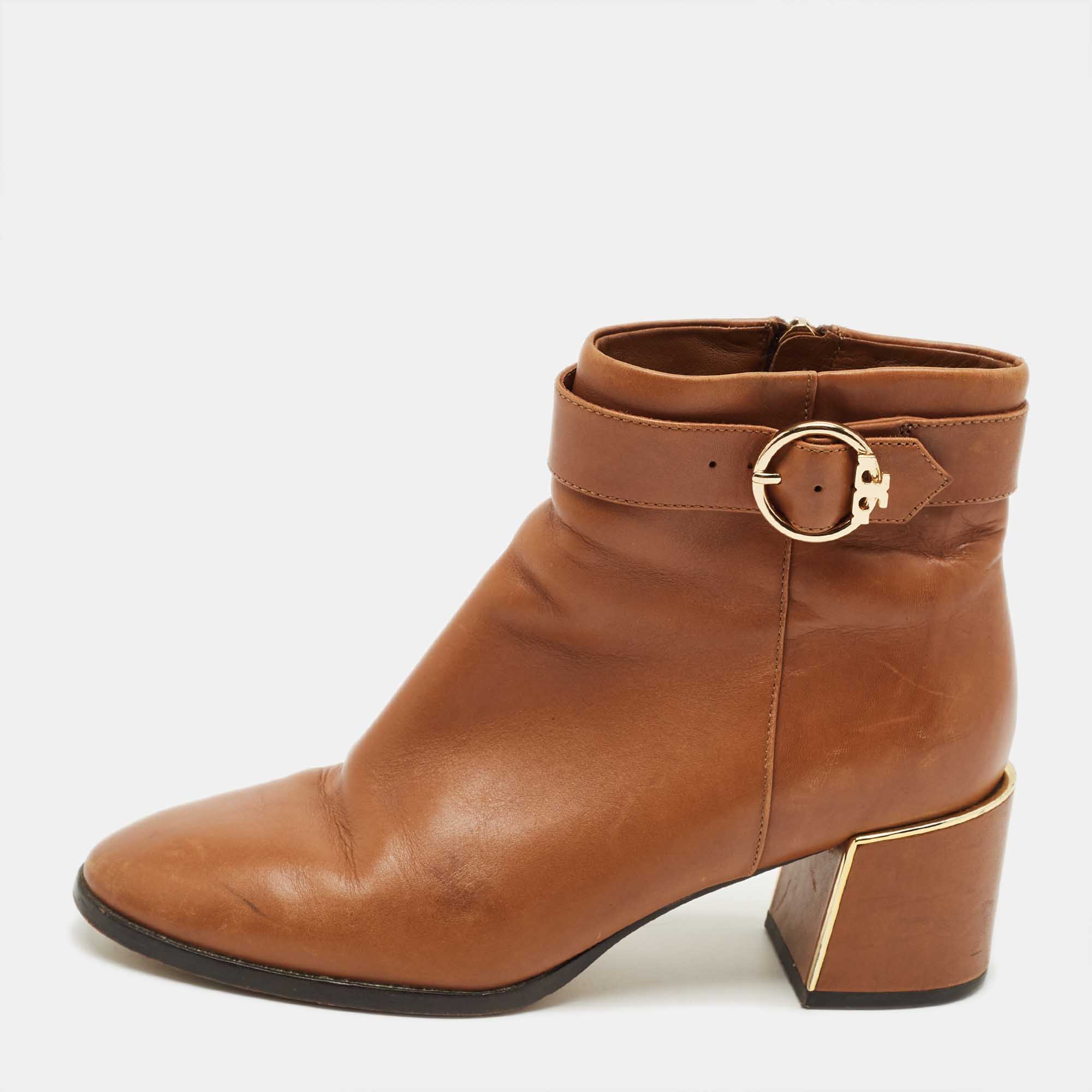 Pre Owned Tory Burch Brown Leather Ankle Length Boots Size 36