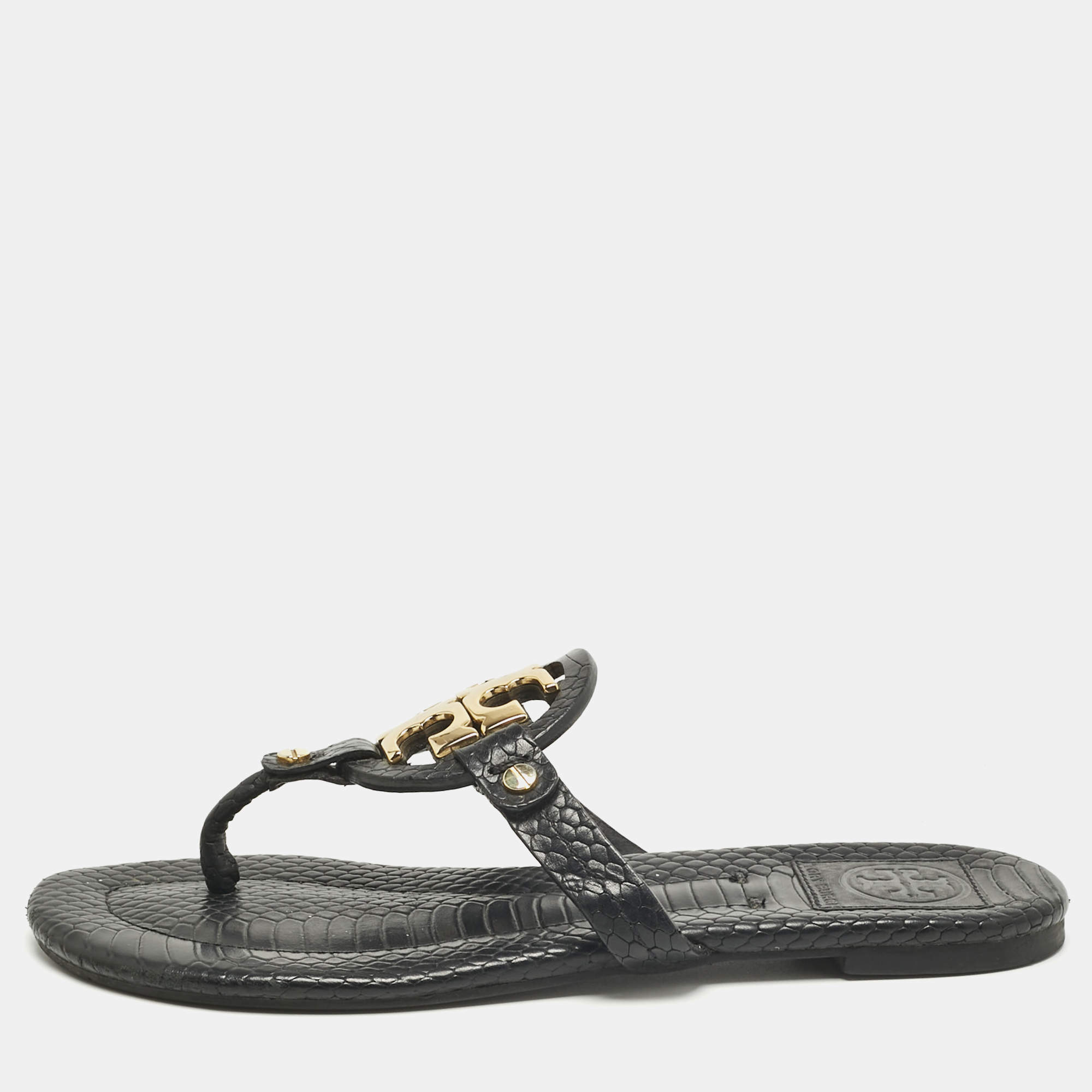 Pre Owned Tory Burch Black Python Embossed Leather Logo Miller Thong Flat Size 37