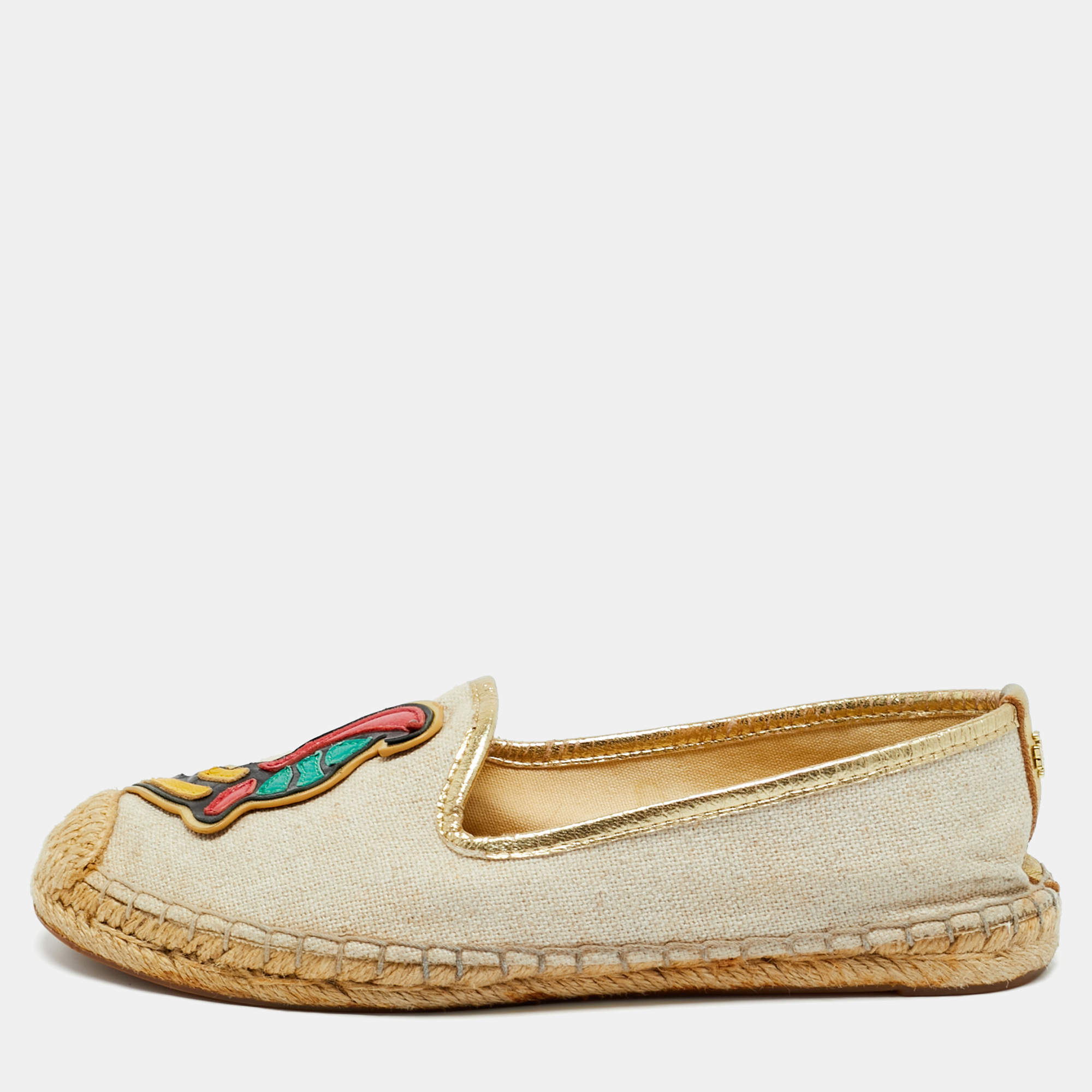 Pre Owned Tory Burch Beige Canvas and Leather Trim Parriot Espadrille Flats Size 36