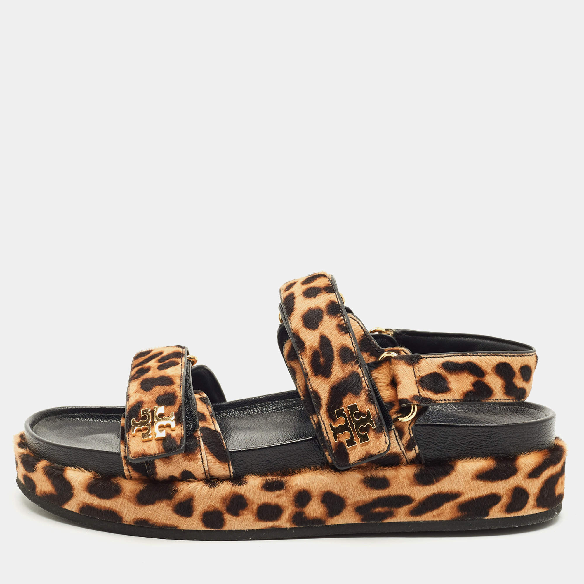 Pre Owned Tory Burch Brown Loepard-Print Calf Hair Flat Sandals Size 38