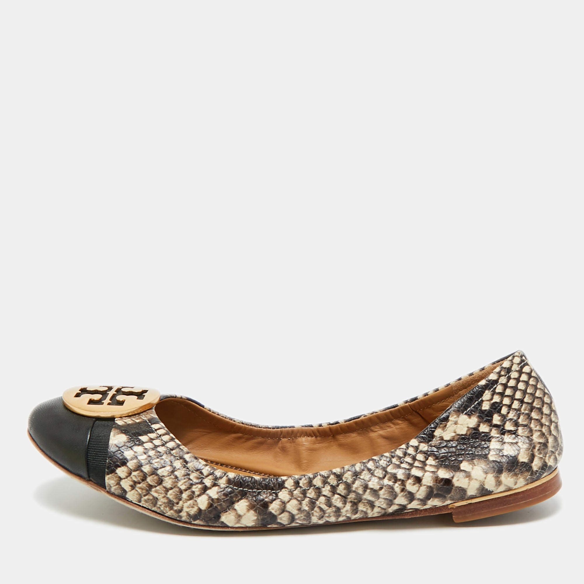 مملوكة مسبقًا Tory Burch Beige/Brown Python Embossed Minnie Ballet Flats Size 37.5