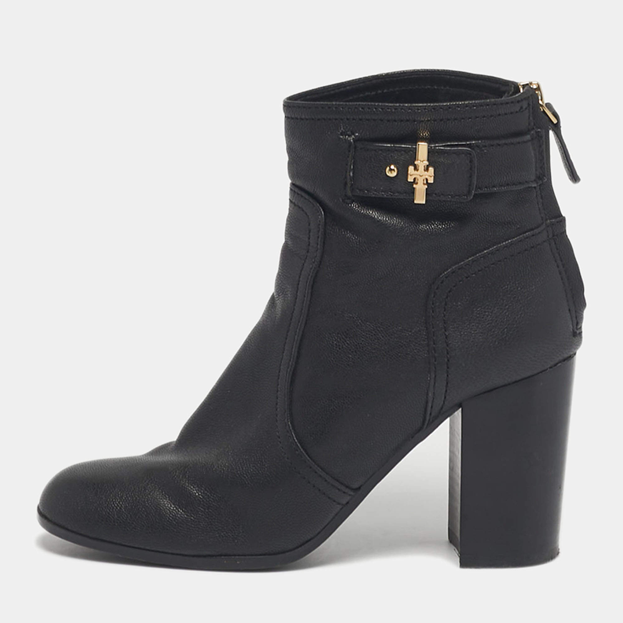 Pre Owned Tory Burch Black Leather Ankle Length Boots Size 37.5