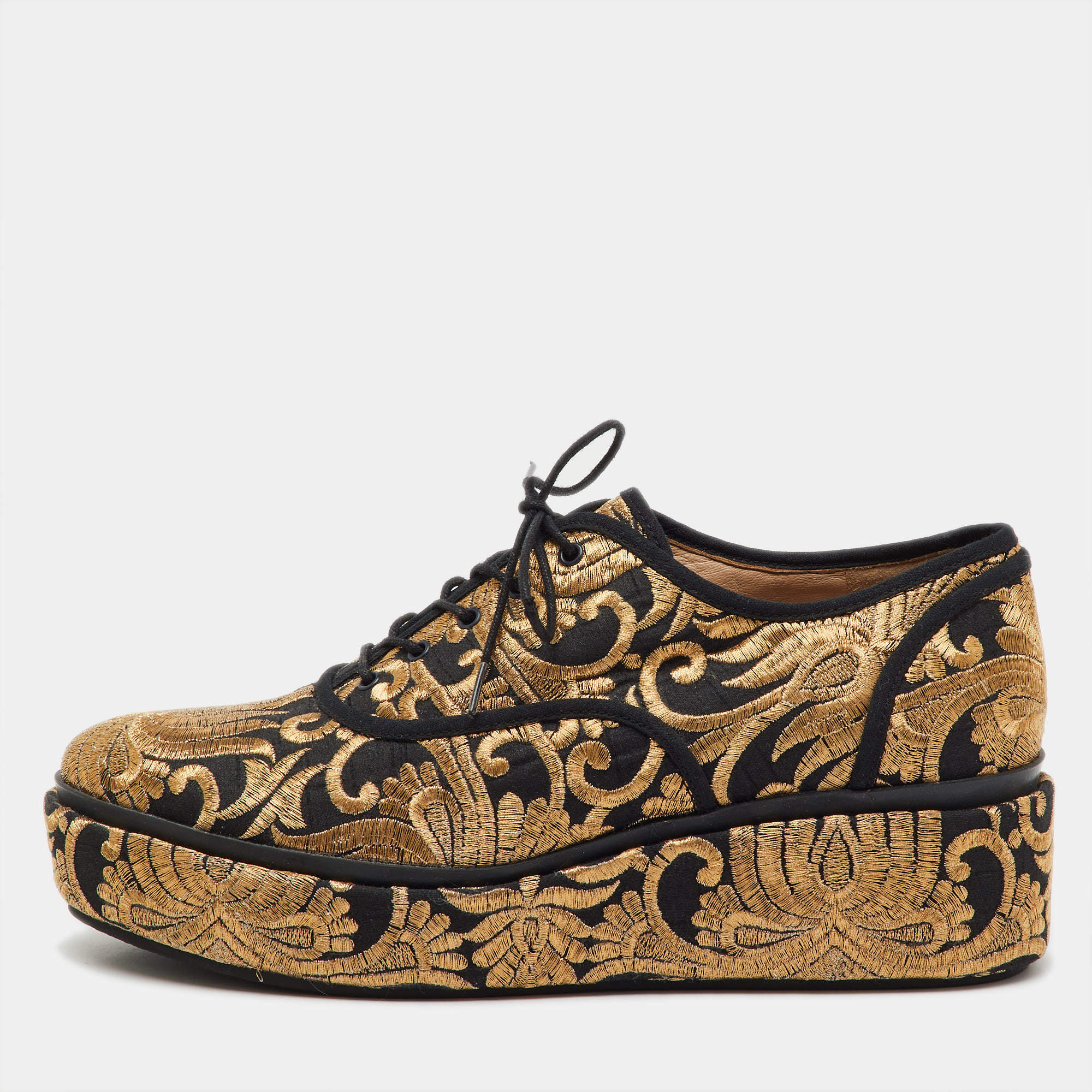 Pre Owned Tory Burch Black/Gold Brocade Fabric Arden Platform Oxfords Size 38.5
