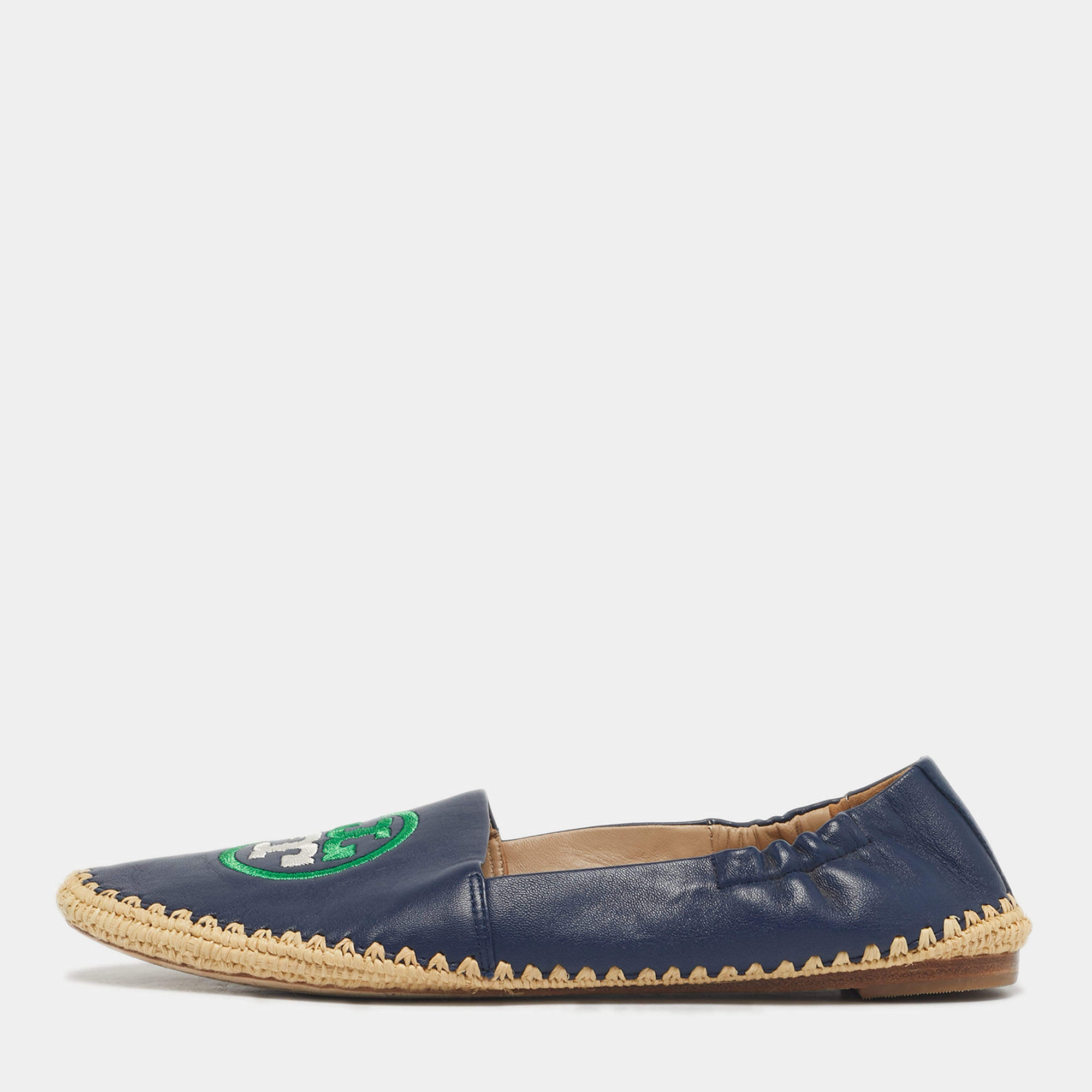 Pre Owned Tory Burch Navy Blue Leather Ines Espadrille Flats Size 37.5