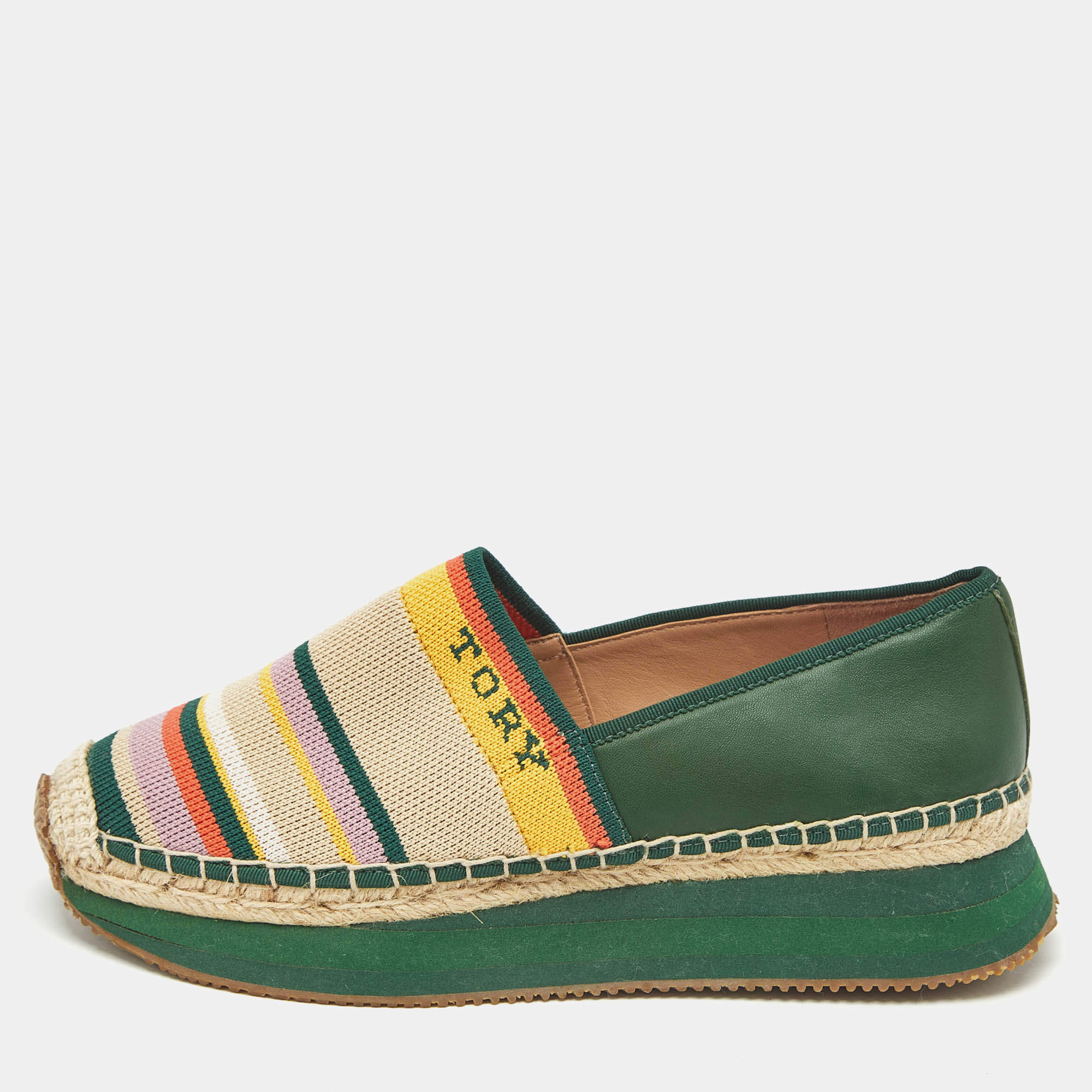Pre Owned Tory Burch Multicolor Knit Fabric and Leather Espadrille Sneakers Flats Size 37