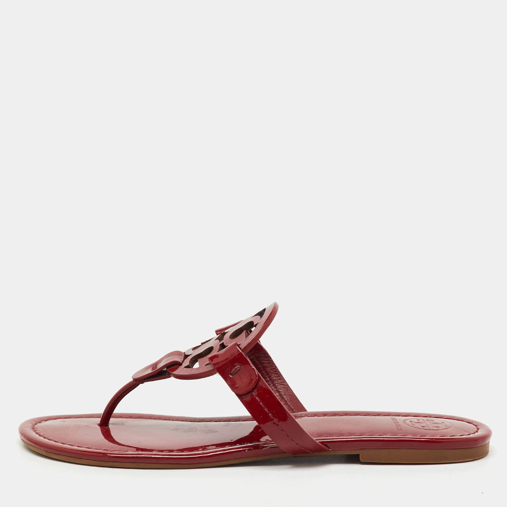Pre Owned Tory Burch Dark Red Patent Leather Miller Thong Flats Size 37