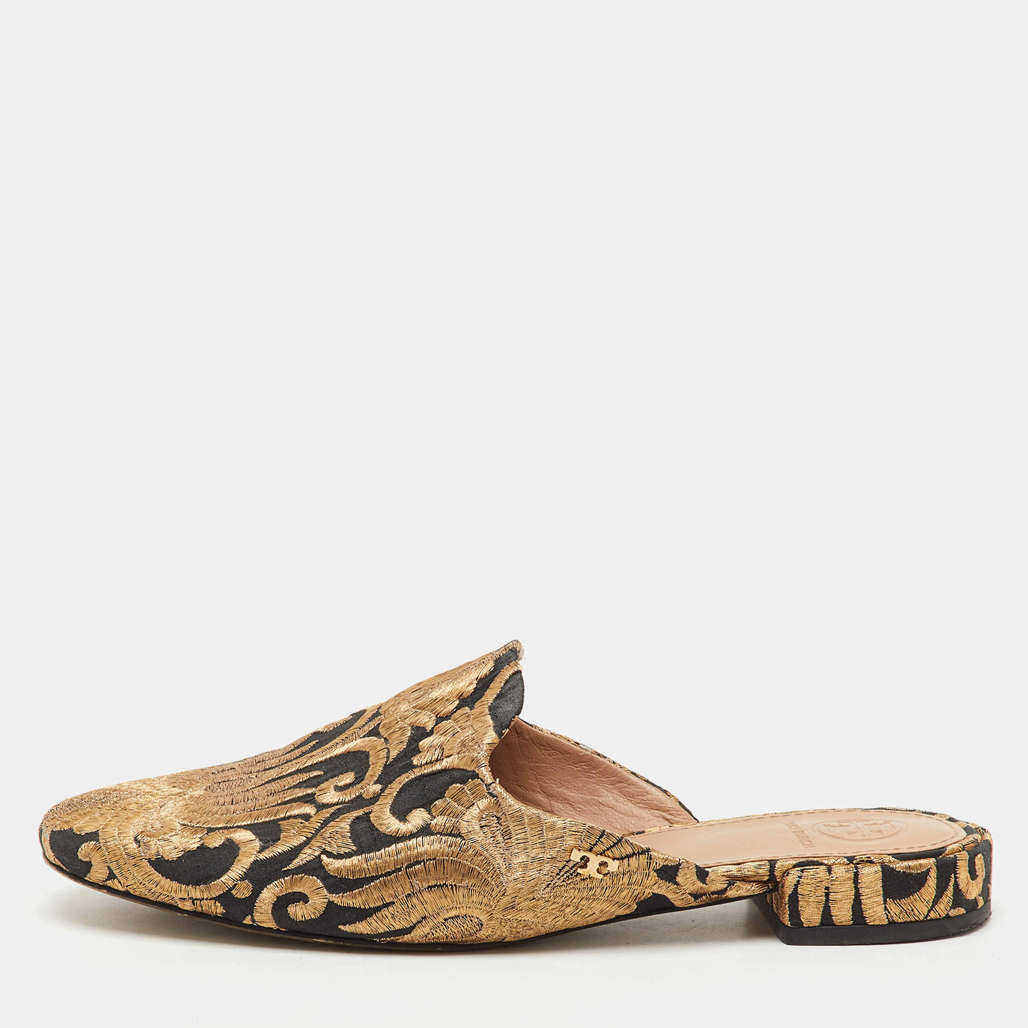 Pre Owned Tory Burch Black/Gold Brocade Fabric Flat Mules Size 37