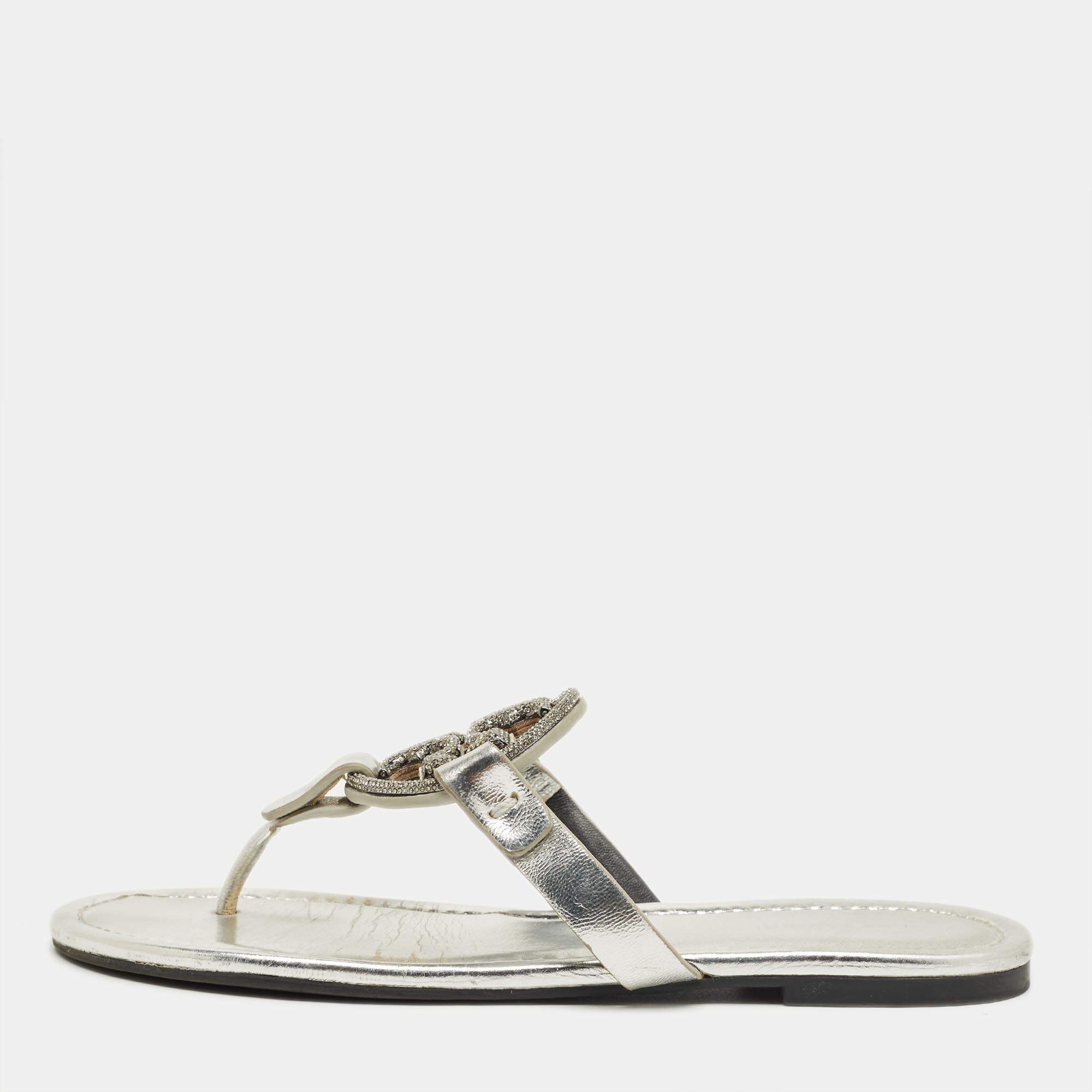 Pre Owned Tory Burch Silver Leather Miller Thong Sandals Size 37.5
