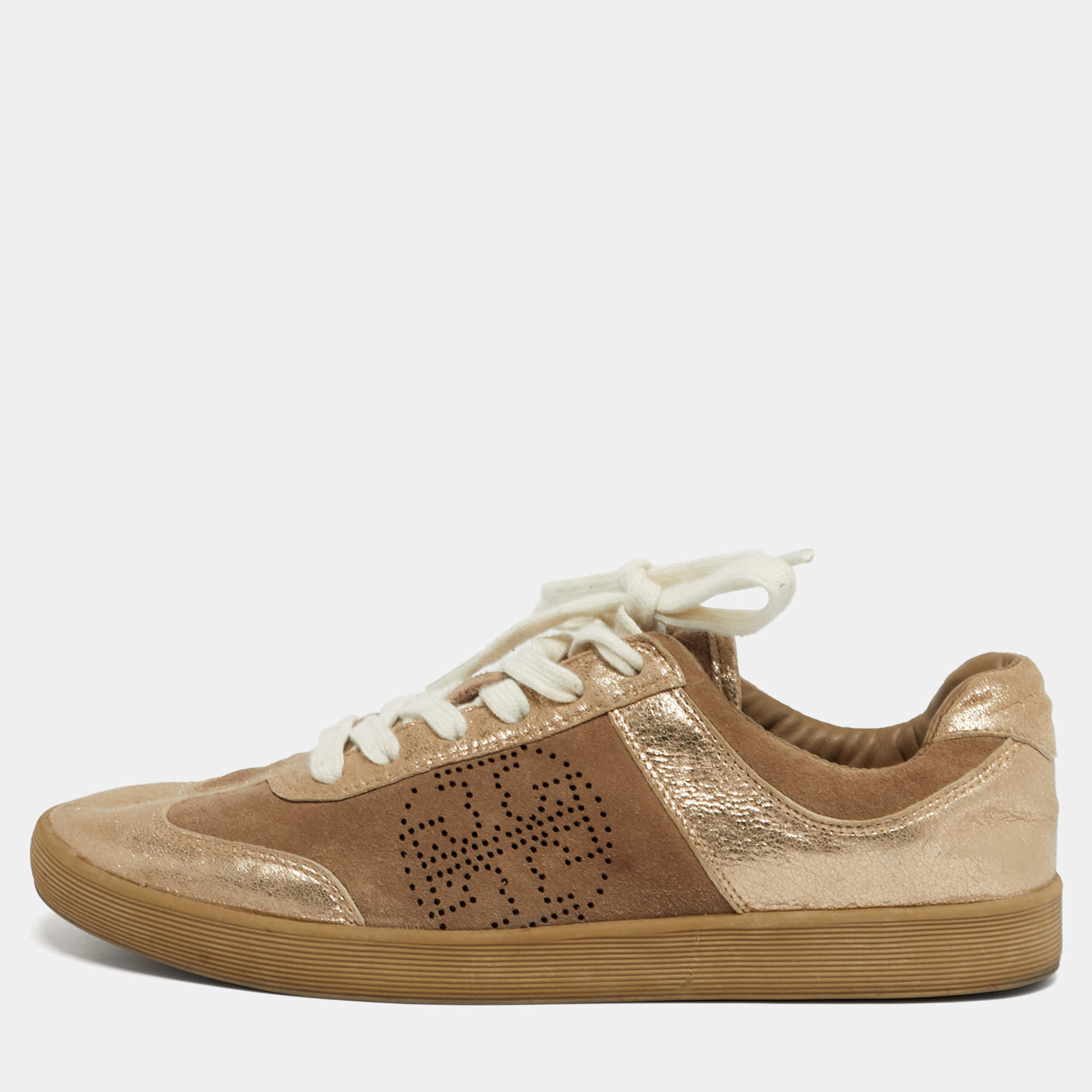 Pre Owned Tory Burch Beige/Gold Suede and Metallic Leather Perforated Logo Sneakers Size 38.5