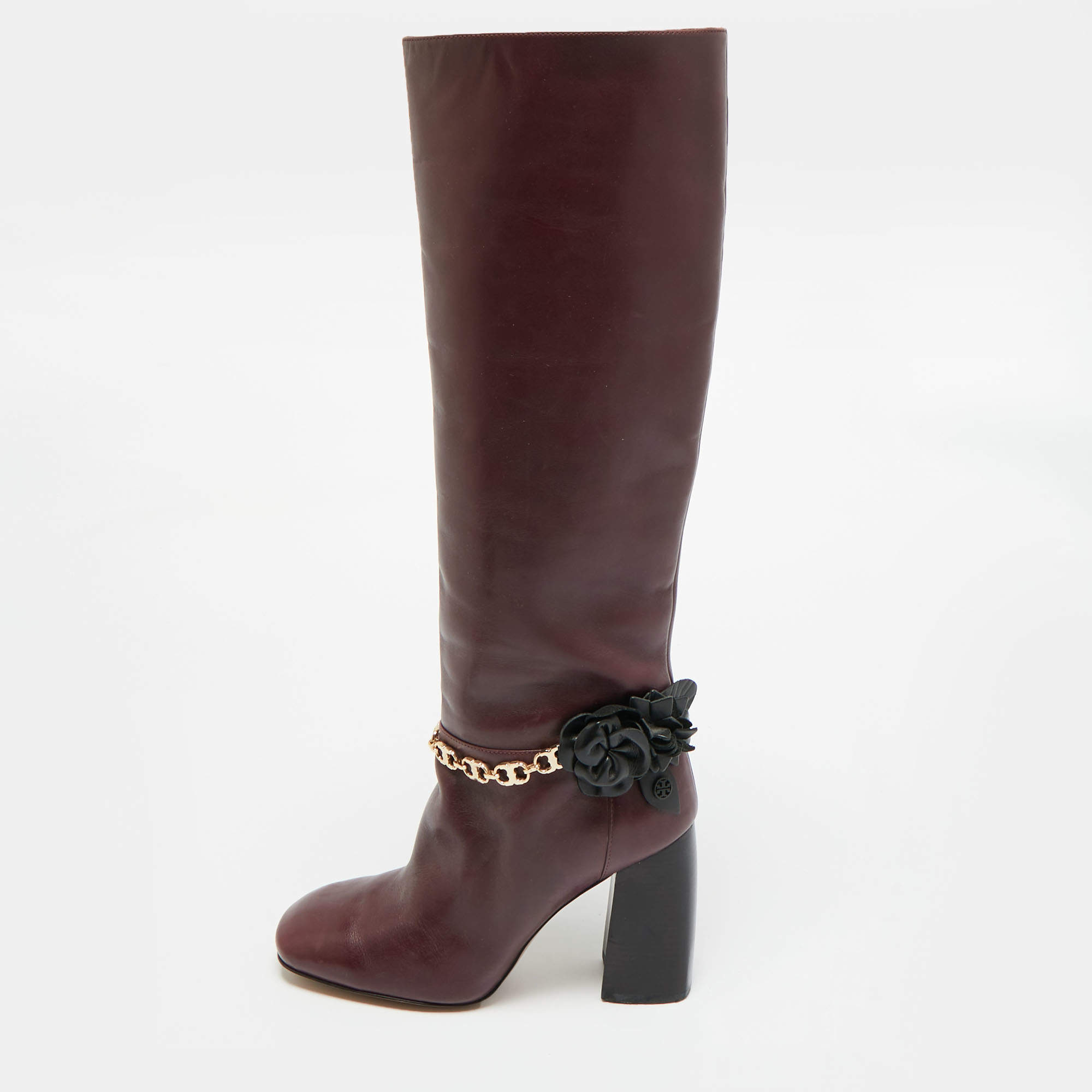 مملوكة مسبقًا Tory Burch Sarava Size 37.5 Burgundy Leather Blossom Block Heel Chain Knee Length Boots