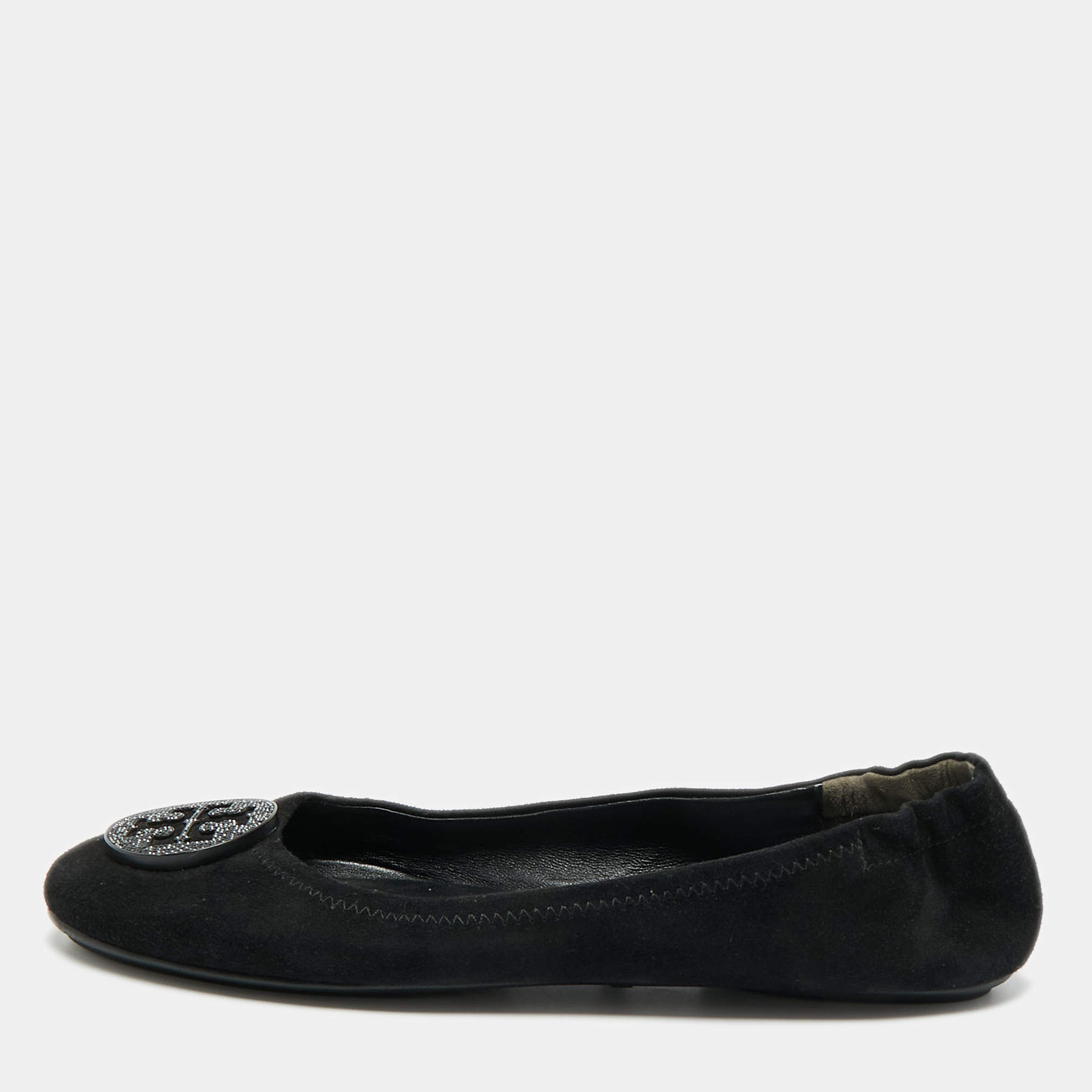Pre Owned Tory Burch Minnie Travel Size 38 Black Suede Ballet Flats