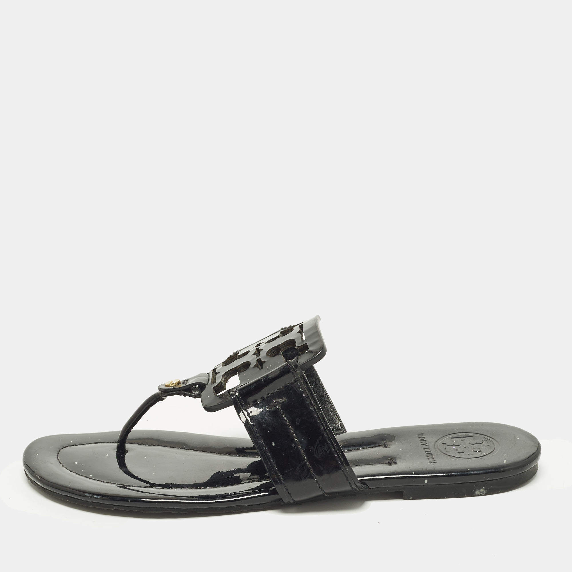 Pre Owned Tory Burch Miller Size 38.5 Black Patent Leather Thong Flats