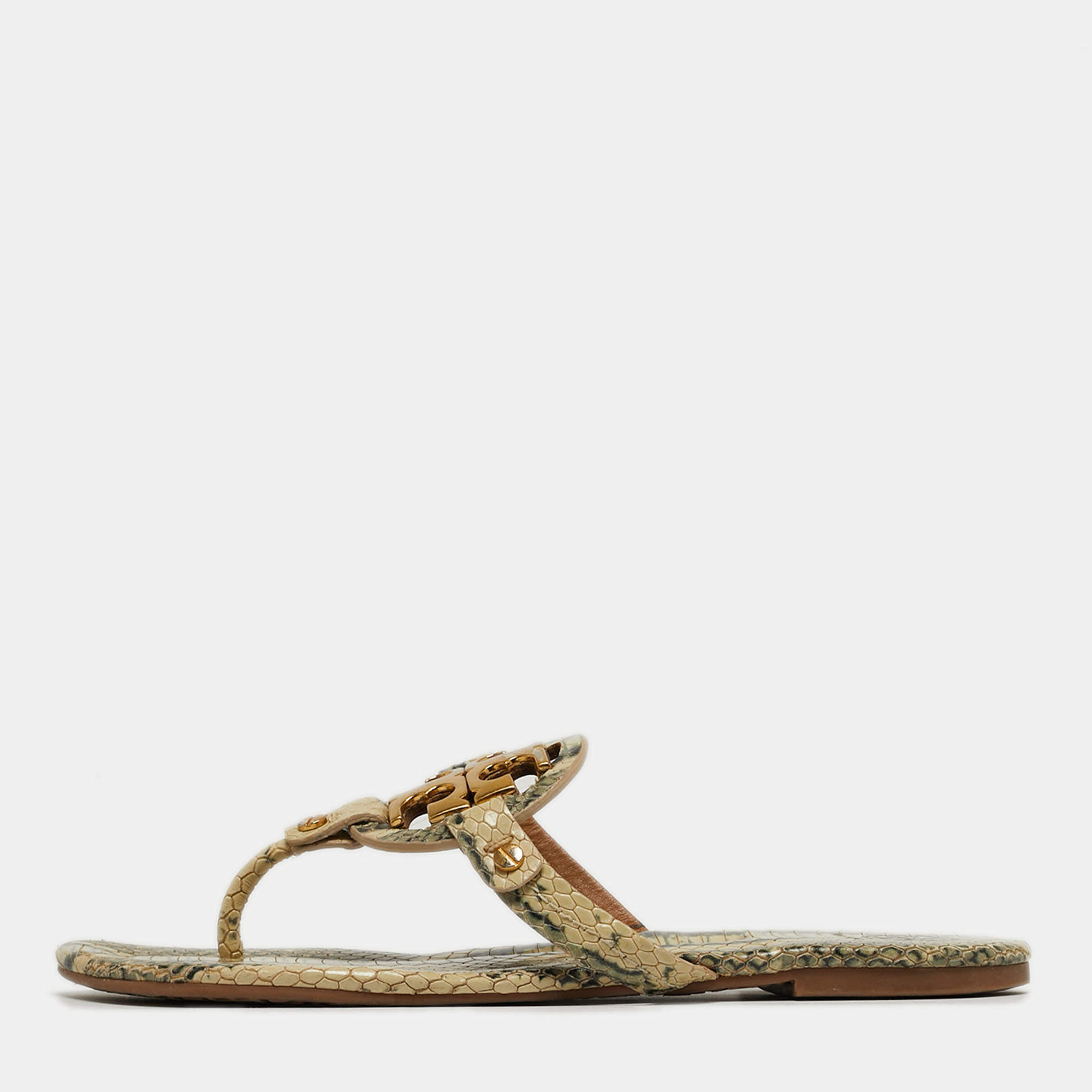 Pre Owned Tory Burch Miller Size 38.5 Grey/Green Python Embossed Leather Thong Flats