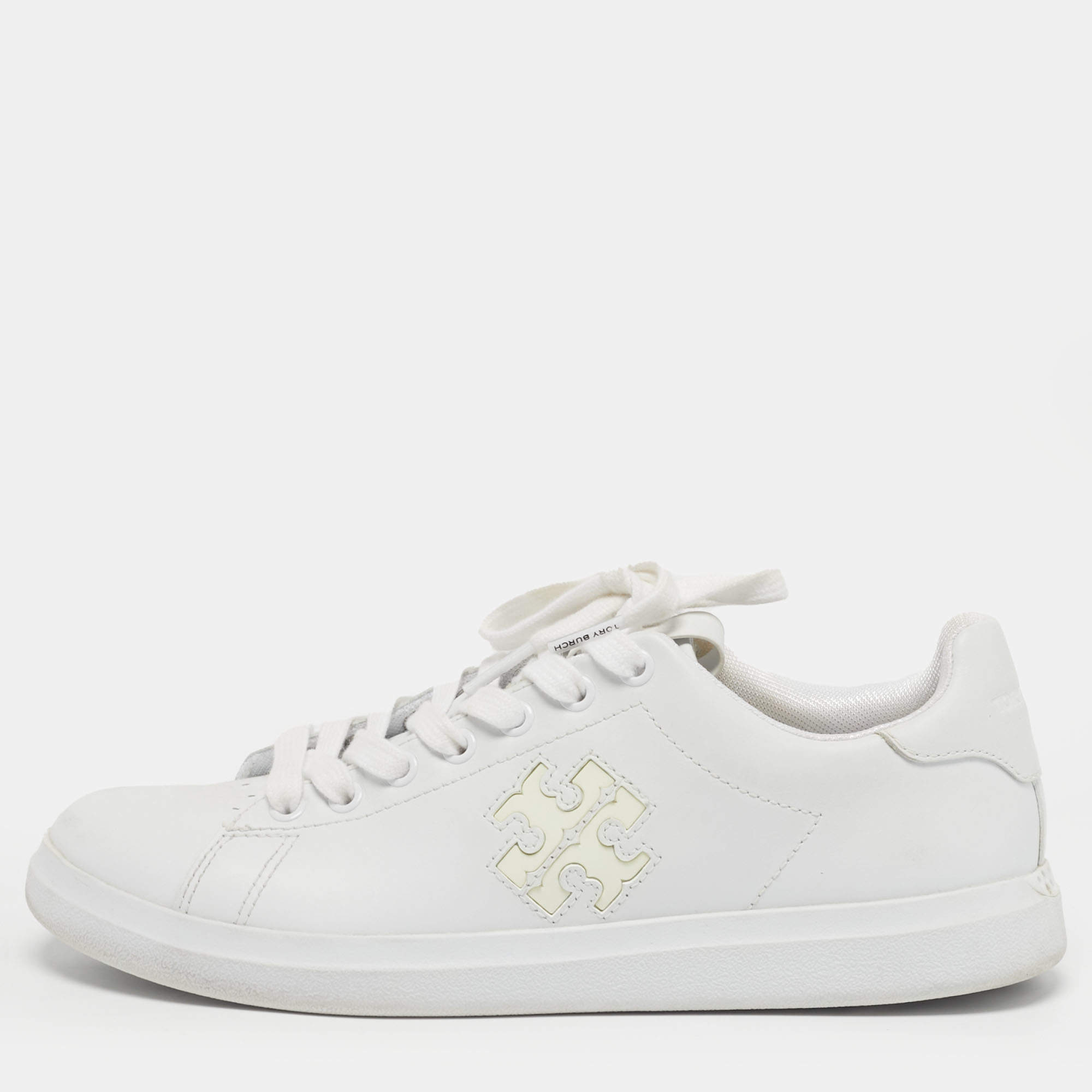 مملوكة مسبقًا Tory Burch Size 36.5 White Leather Double T Howell Court Lace Up Sneakers          