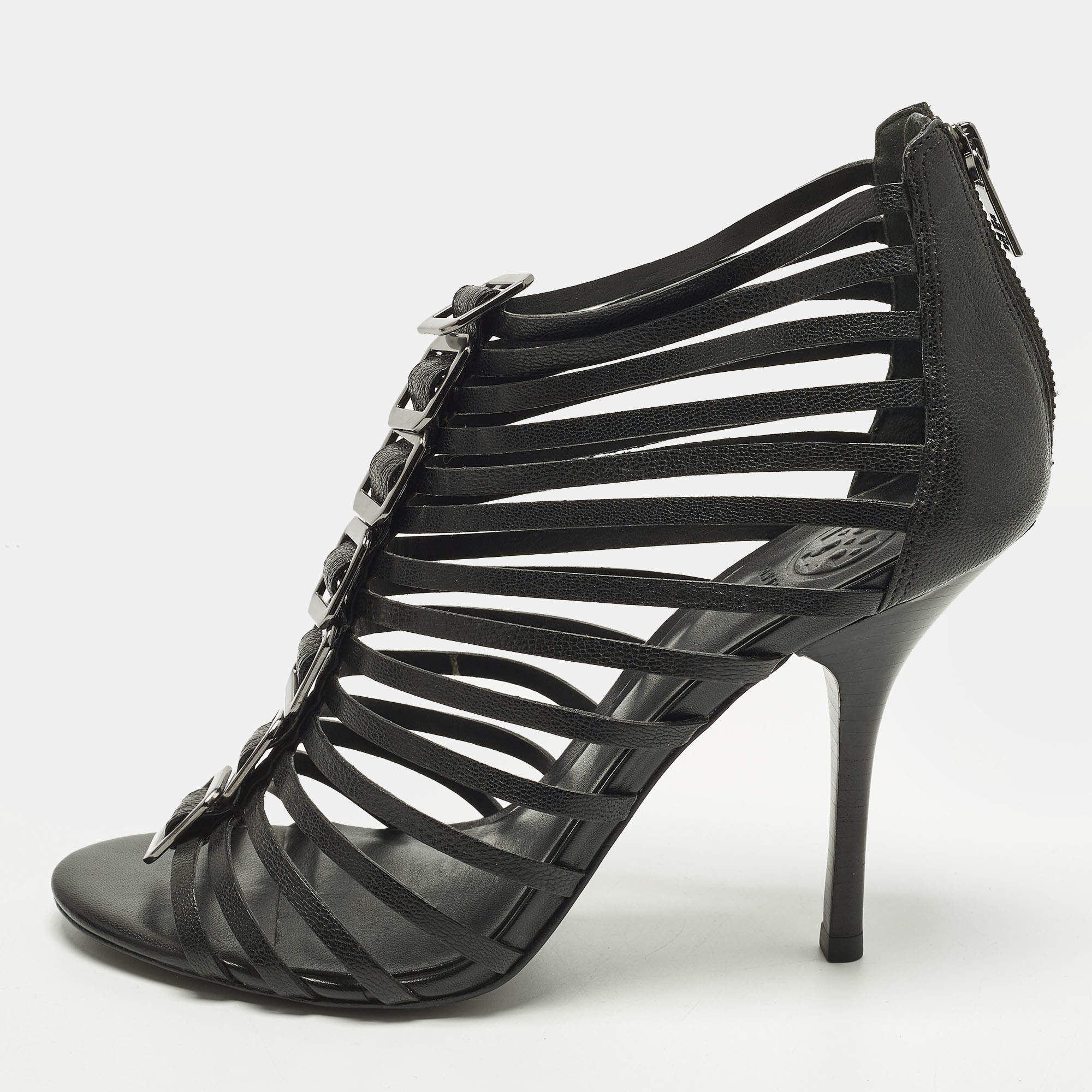 Pre Owned صندل توري برش سيور جلد قفصي أسود مقاس 37.5