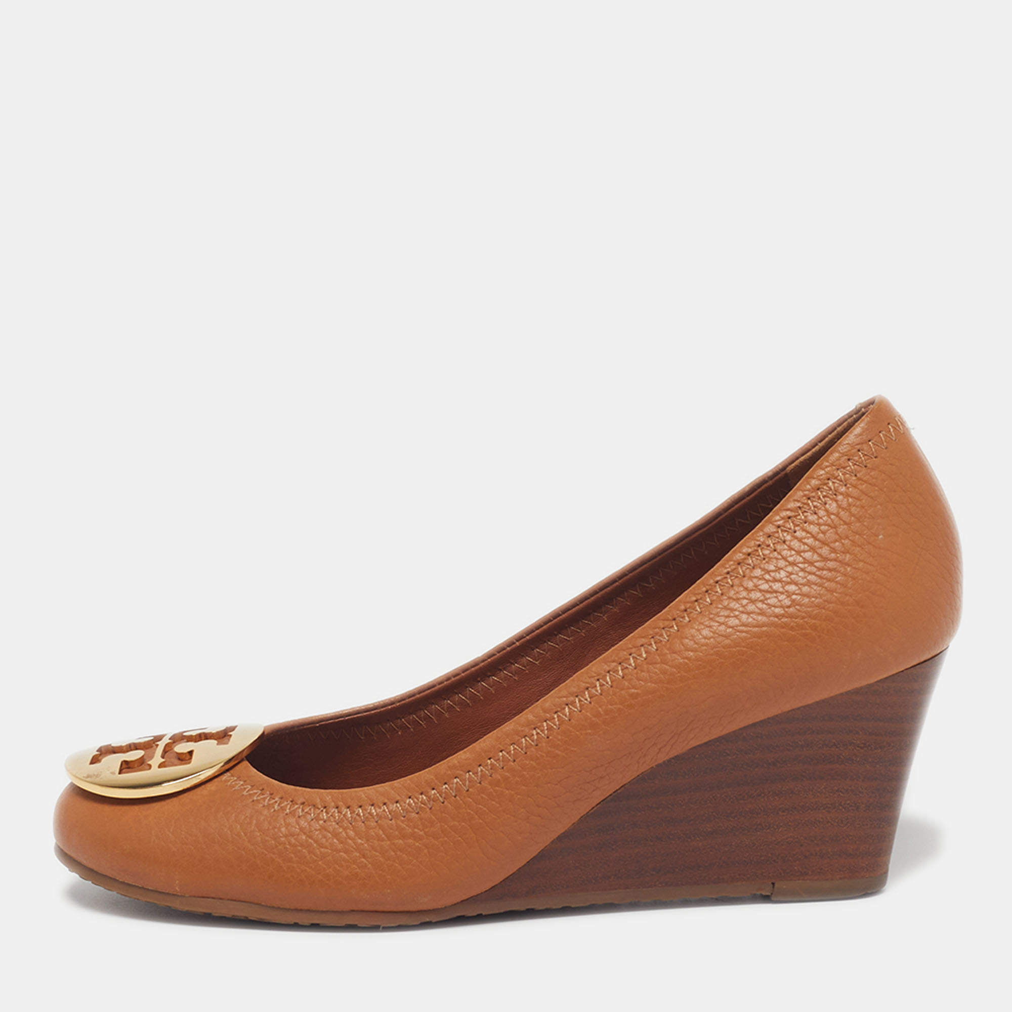 Pre Owned Tory Burch Sally Size 35 Tan Leather Wedge Pumps
