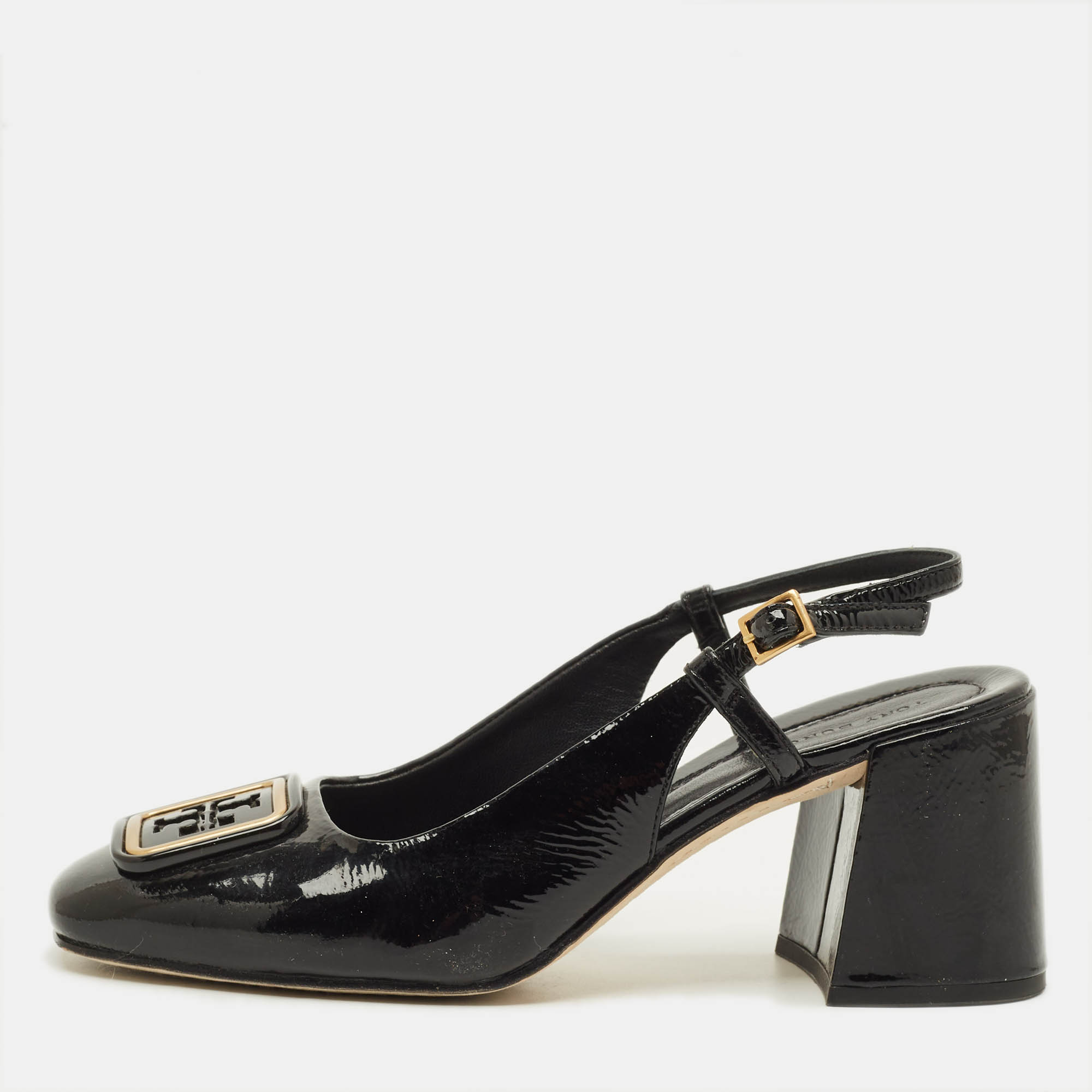 Pre Owned Tory Burch Georgia Size 37 Black Patent Leather Slingback Block Heel Pumps