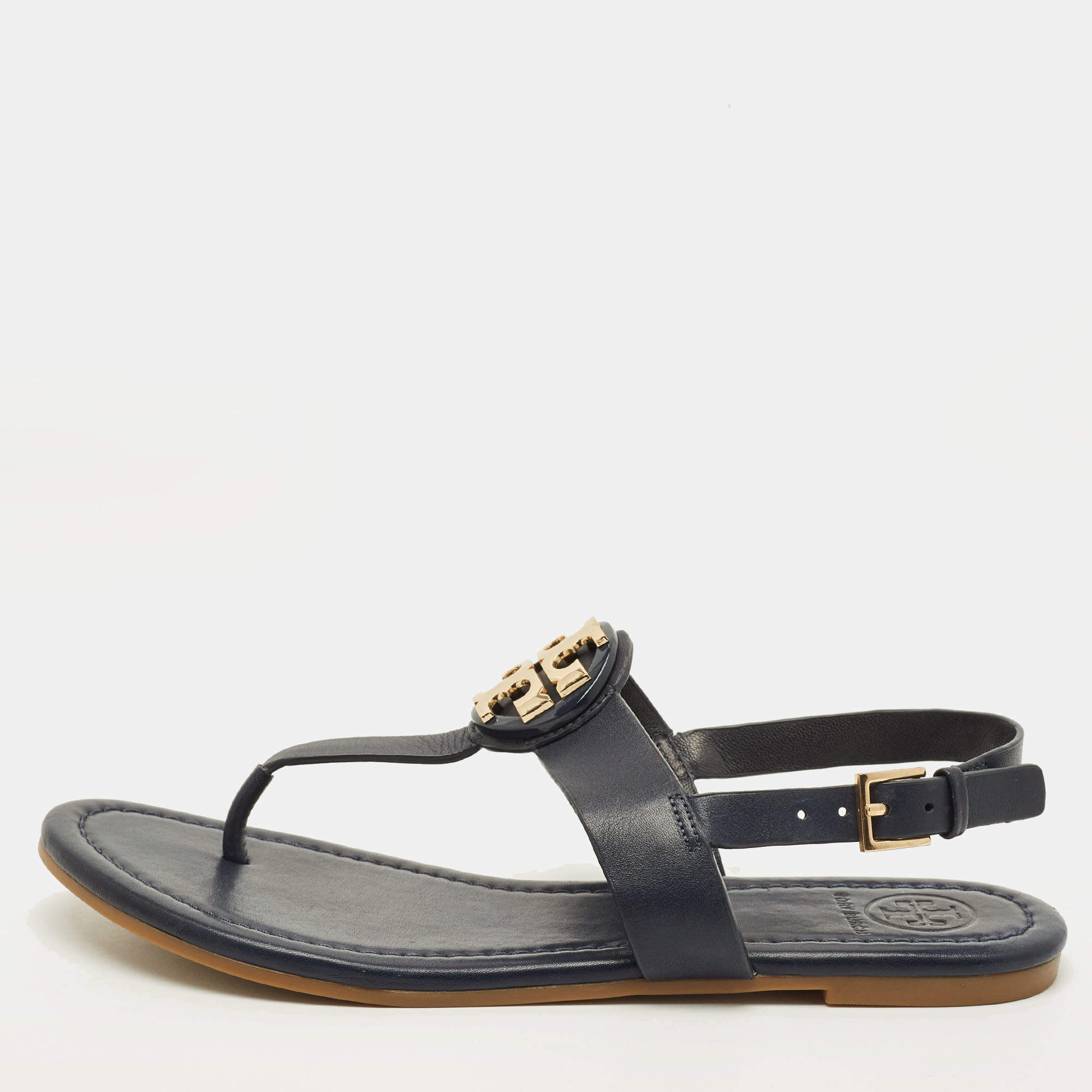 Pre Owned Tory Burch Size 36 Navy Blue Leather Thong Flat Sandals