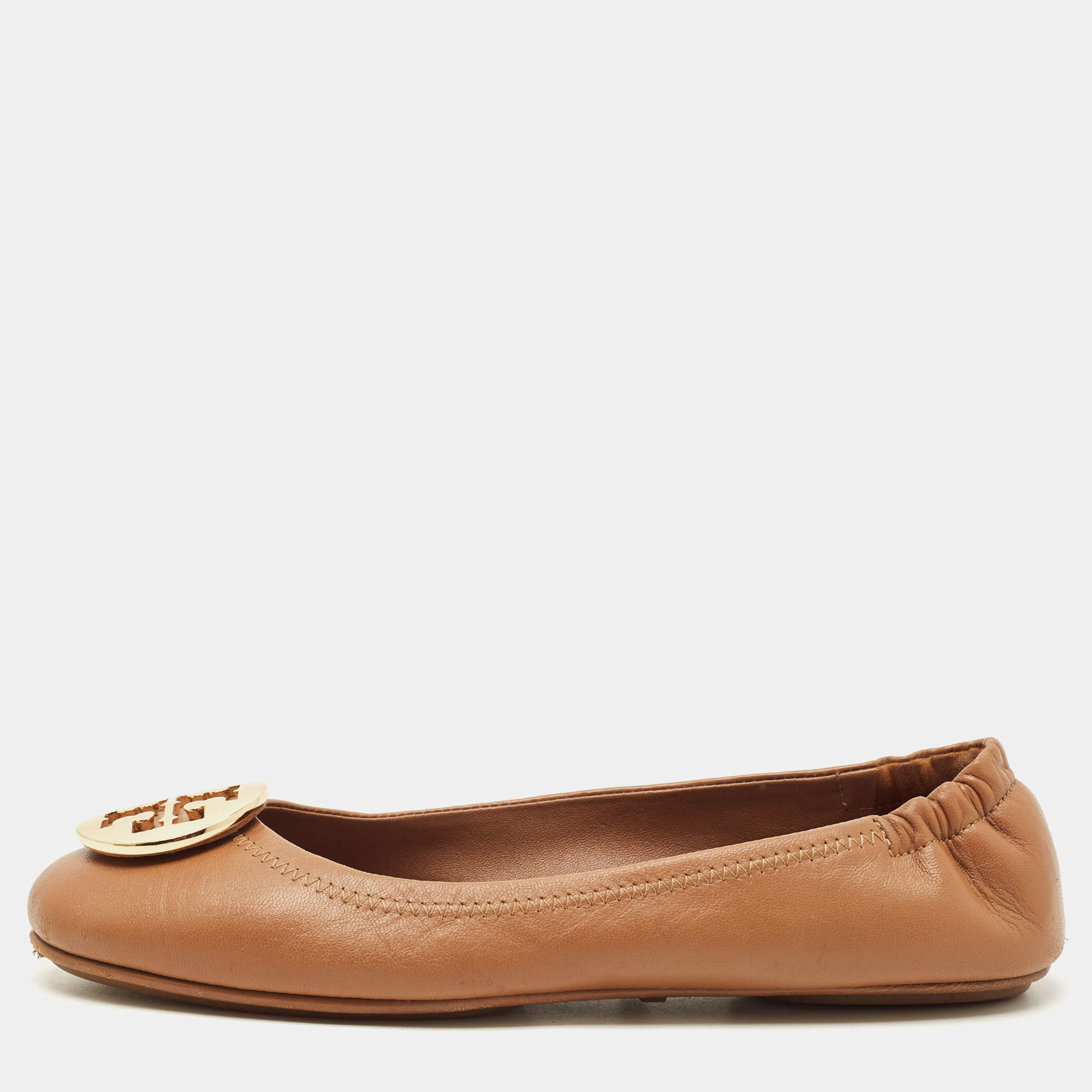 Pre Owned Tory Burch Reva Size 38.5 Brown Leather Ballet Flats