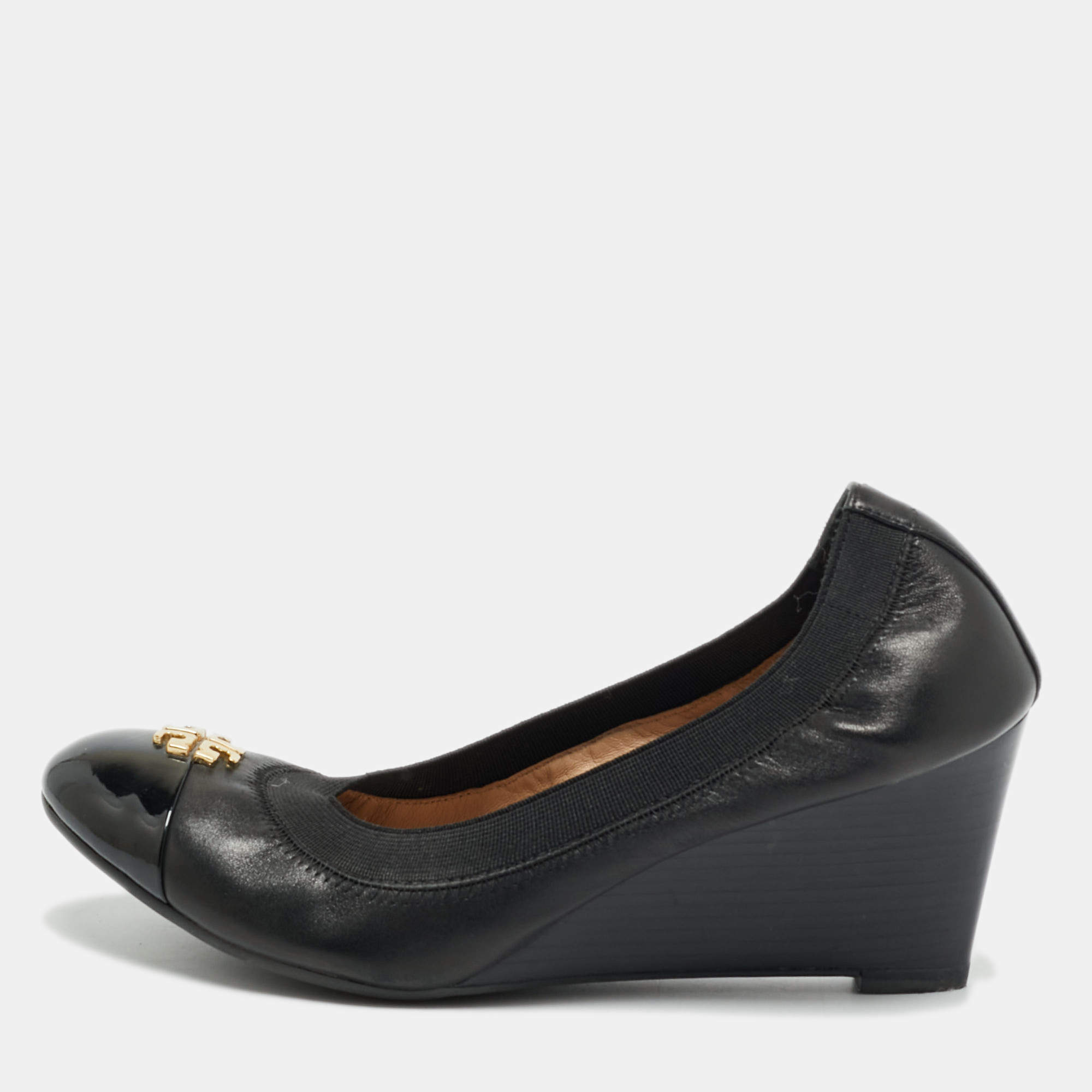 مملوكة مسبقًا Tory Burch Jolie Size 36.5 Black Leather Wedge Pumps