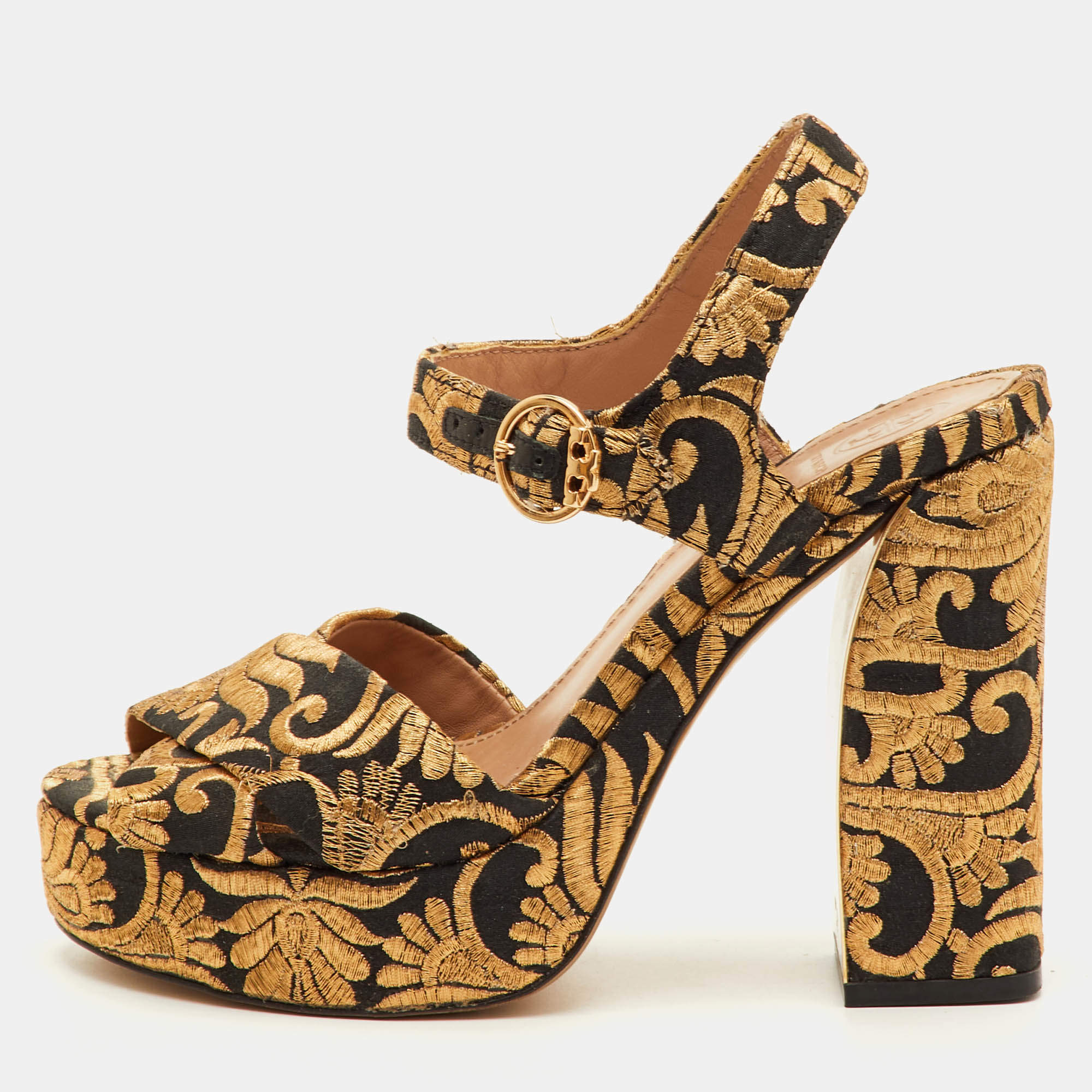Pre Owned Tory Burch Maritine Size 37 Black/Gold Brocade Fabric Block Heel Ankle Strap Sandals