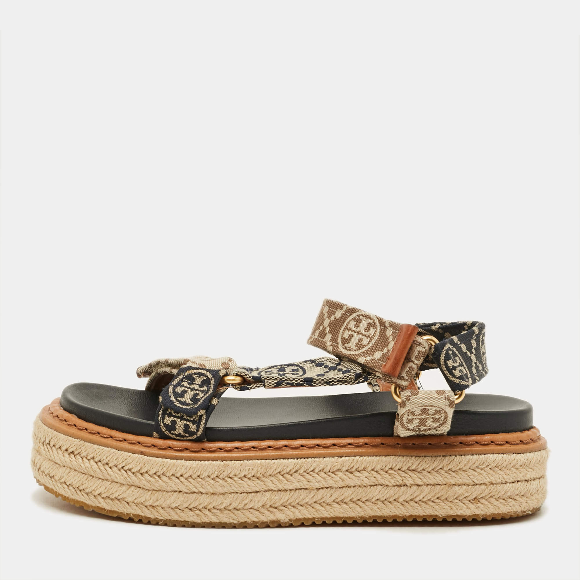 Pre Owned Tory Burch Size 35 Tricolor Monogram Canvas Espadrille Ankle Strap Flat Sandals