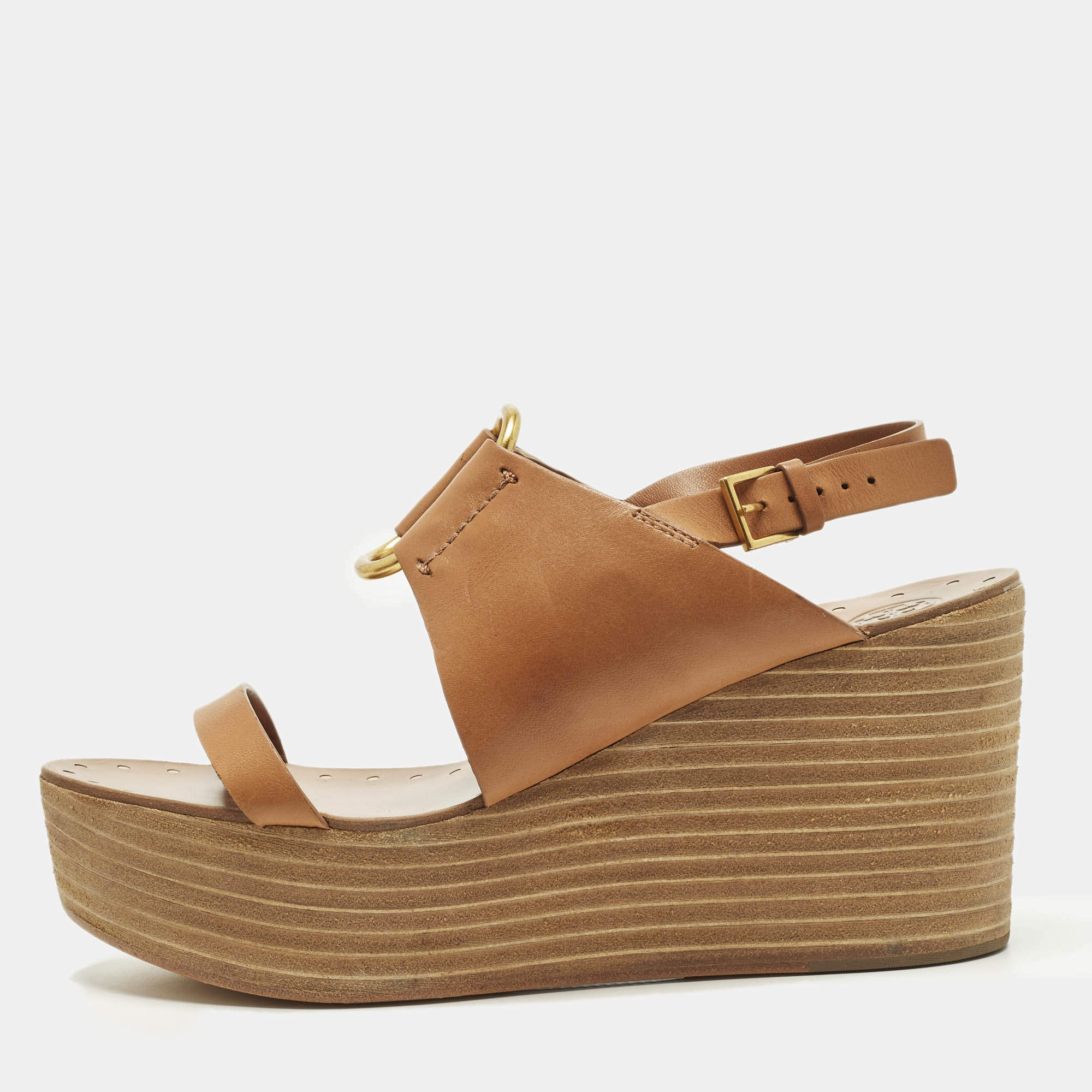 Pre Owned Tory Burch Daisy Size 40.5 Brown Leather Wedge Sandals