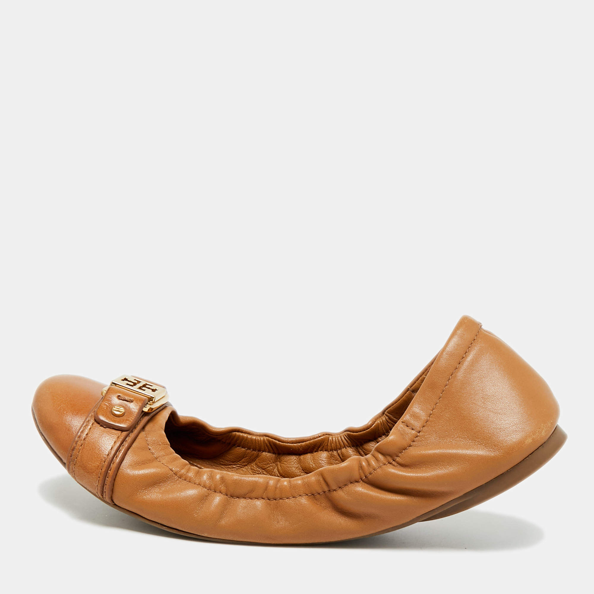 Pre Owned Tory Burch Ambrose Size 38.5 Brown Leather Scrunch  Ballet Flats