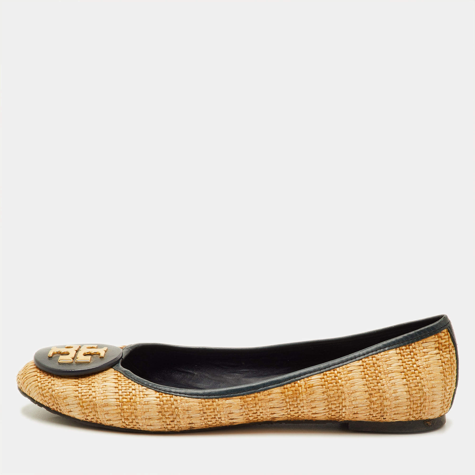 Pre Owned Tory Burch Reva Size 39.5 Beige/Dark Green Raffia and Leather Ballet Flats