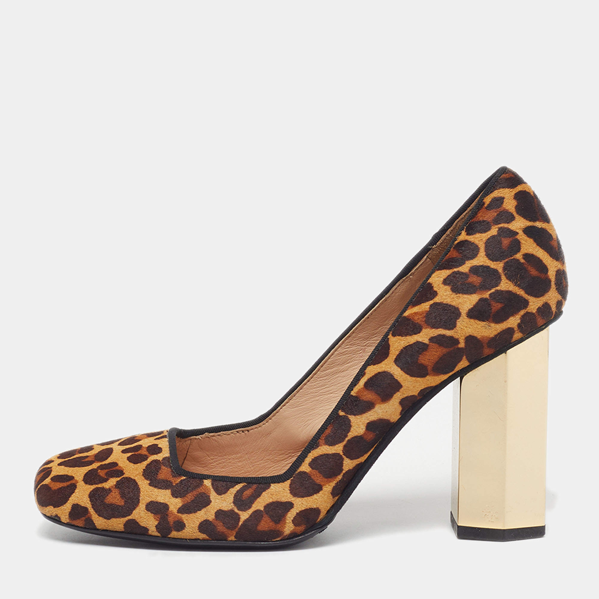 Pre Owned Tory Burch Size 37.5 Brown Calf Hair Block Heel Pumps