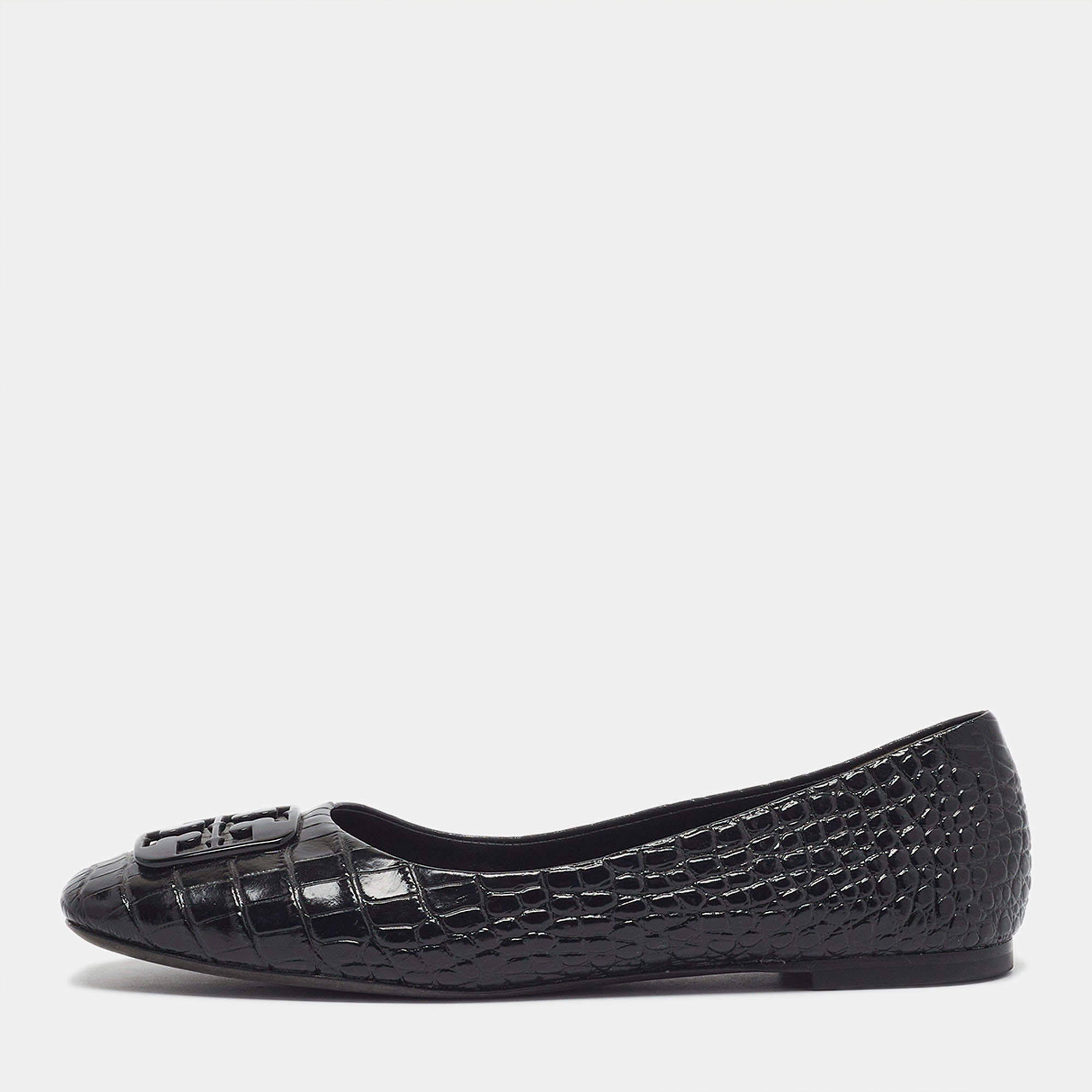 Pre Owned Tory Burch Georgia Size 37.5 Black Croc Embossed Leather Ballet Flats