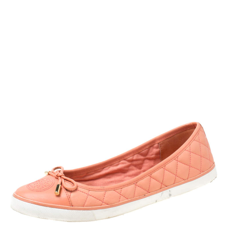 Pre Owned Tory Burch Peach Quilted Leather Bow Detail Ballet Flats Size 39.5