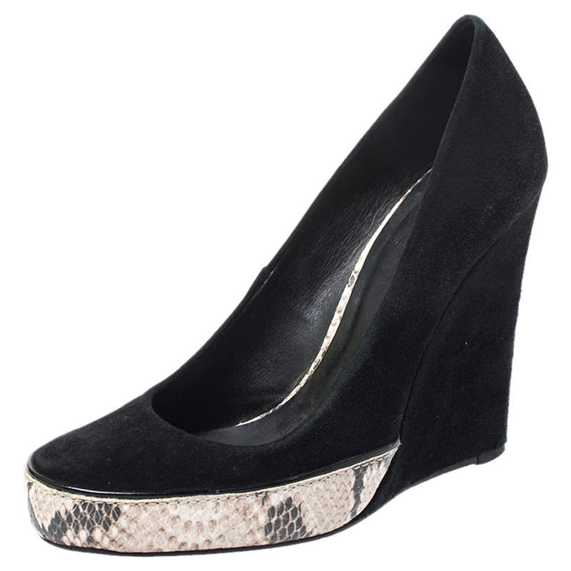 Tory Burch Black Suede And Multicolor Embossed Python Platform Sandra Wedge Pumps Size 37