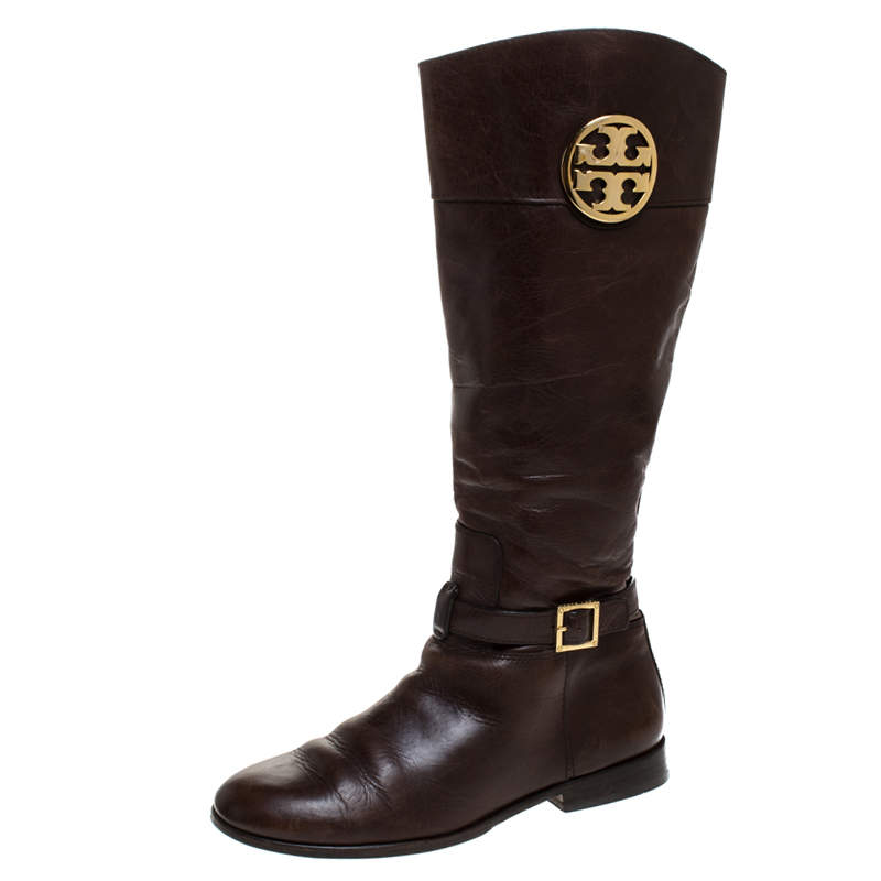 Pre Owned Tory Burch Brown Leather Knee Length Boots Size 39.5
