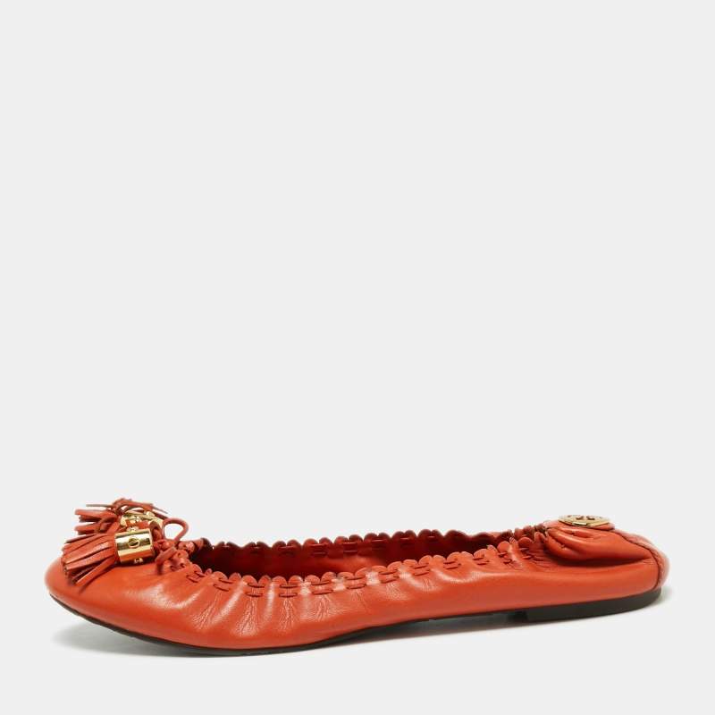 Pre Owned Tory Burch Orange Leather Tassel Scrunch Ballet Flats Size 39.5