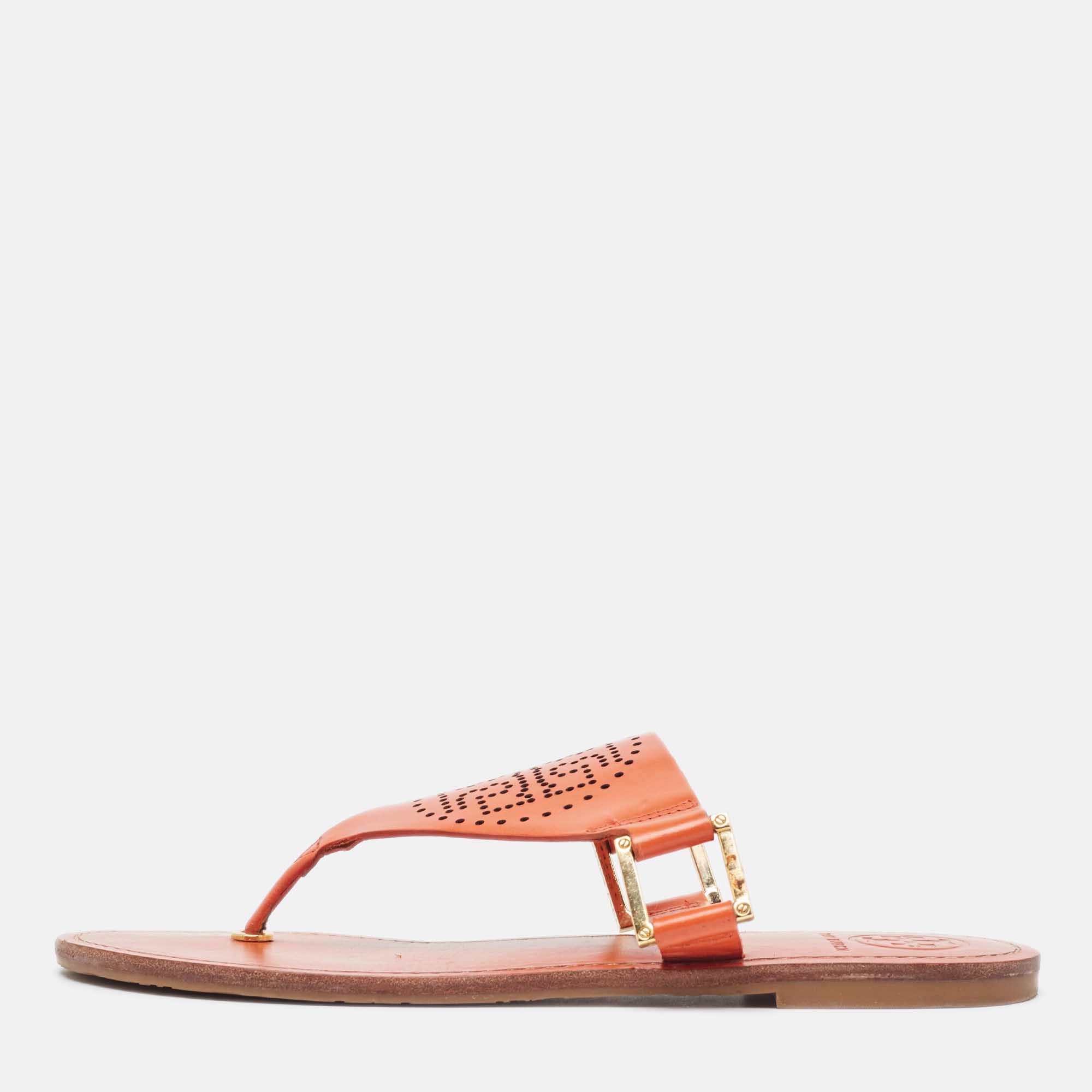 Pre Owned Tory Burch Orange Perforated Leather Thong Sandals Size 38.5