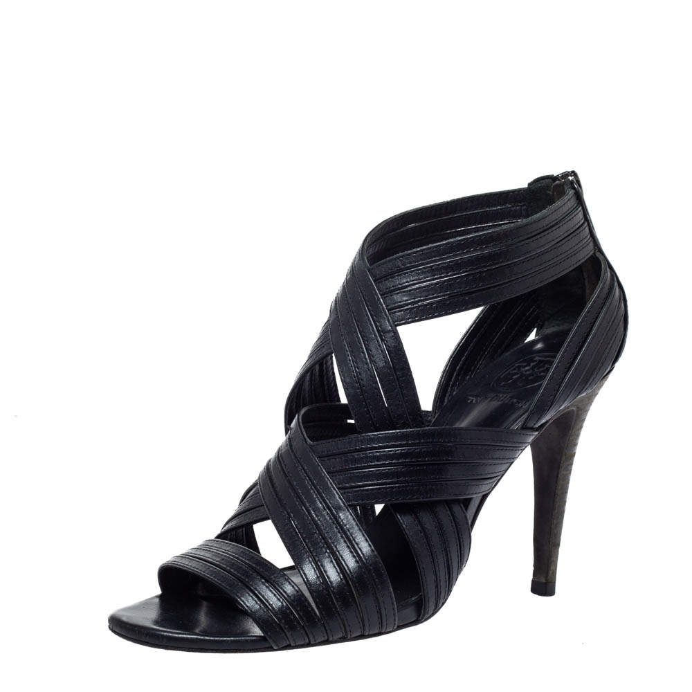 Pre Owned صندل توري برش سيور جلد قفصي أسود مقاس 37.5