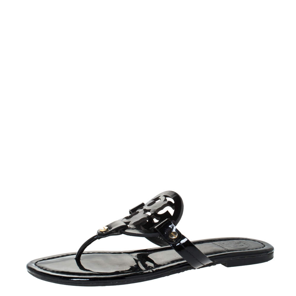 Tory Burch Black Patent Leather Miller Flat Thong Sandals Size 37.5