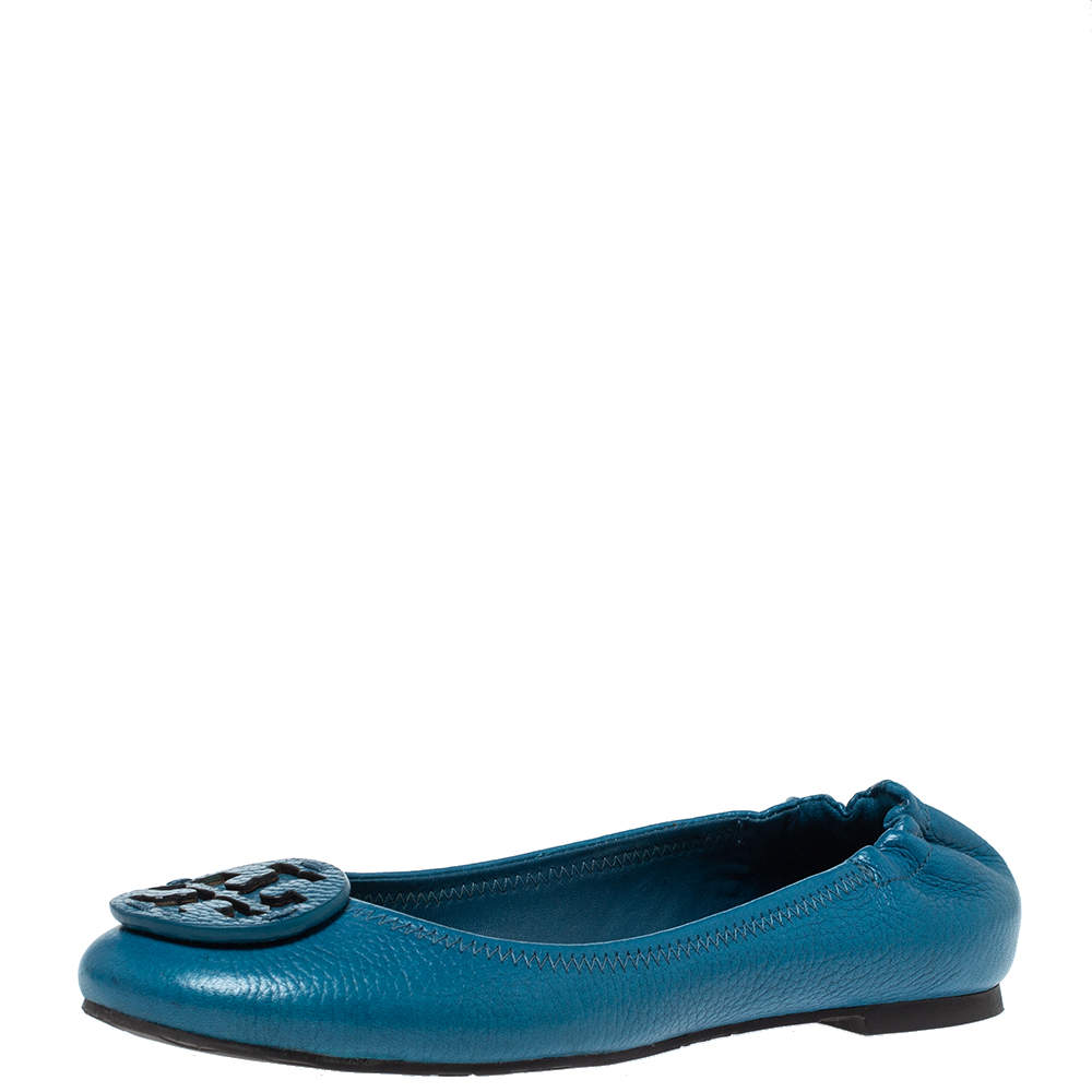Pre Owned Tory Burch Blue Textured Leather Logo Minnie Ballet Flats Size 38.5
