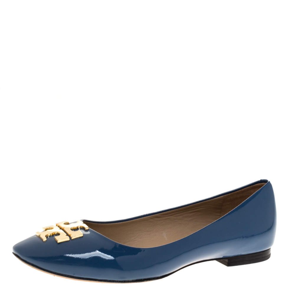 Pre Owned Tory Burch Blue Patent Leather Lowell Ballet Flats Size 37.5