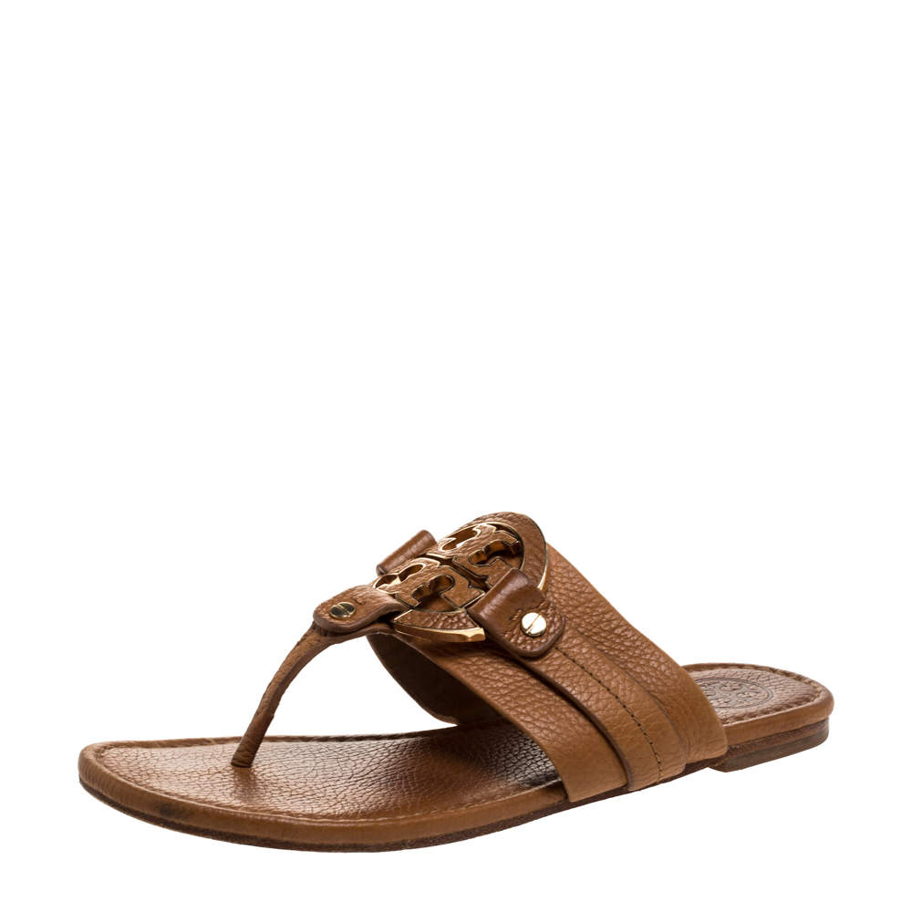 Tory Burch Brown Leather Flat Thong Sandals Size 37