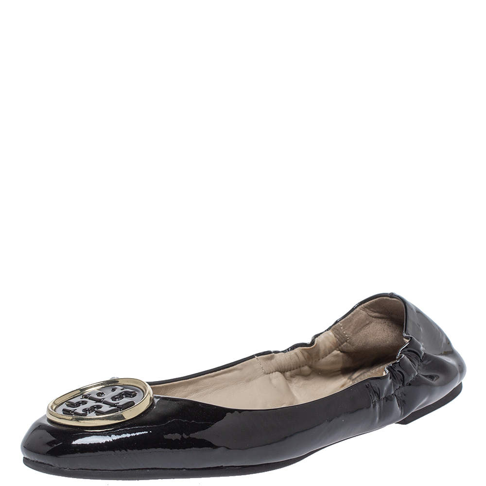 Tory Burch Black Patent Leather Twiggie Scrunch Ballet Flats Size 38.5