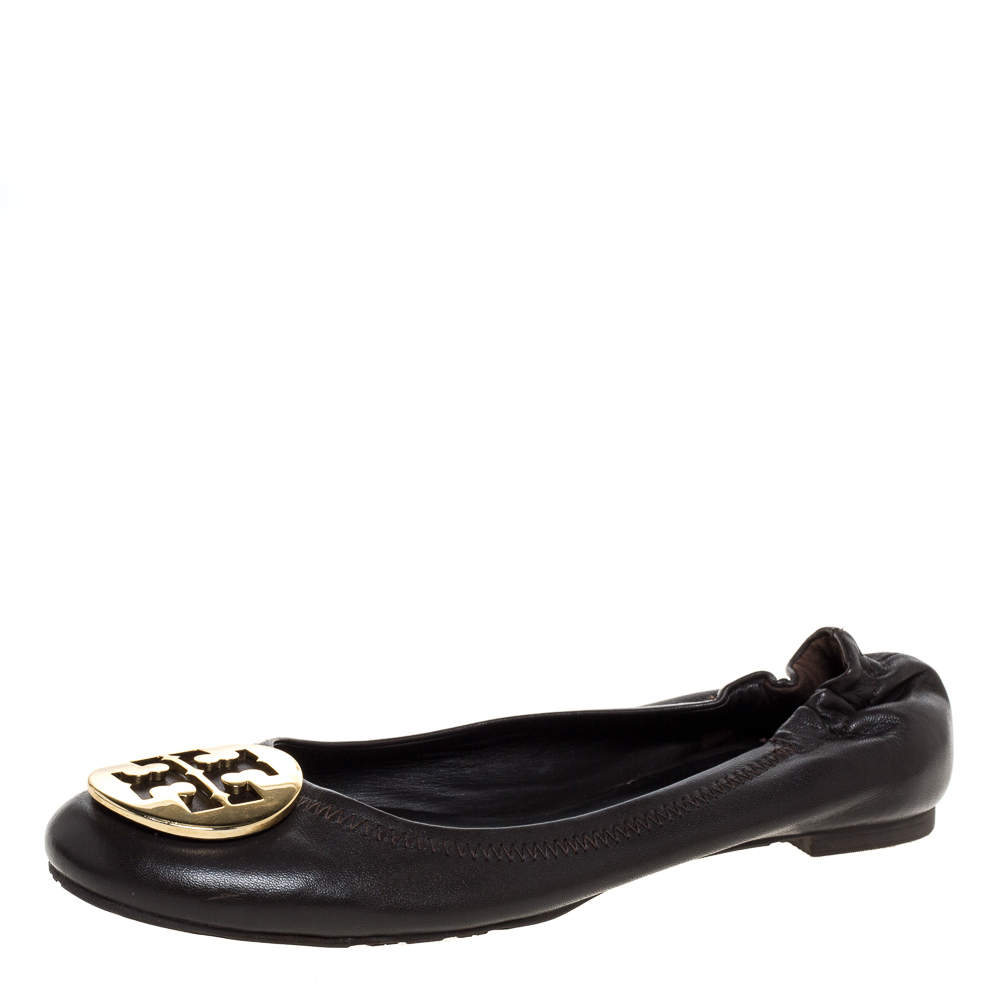 Pre Owned Tory Burch Brown Leather Minnie Scrunch Ballet Flats Size 37