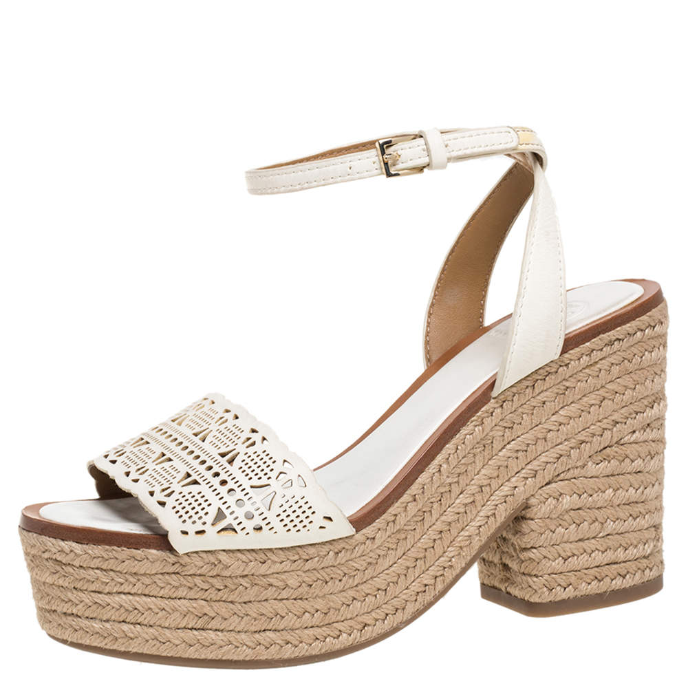 Tory Burch White Laser Cut Out Leather Espadrille Platform Ankle Strap Sandals Size 36