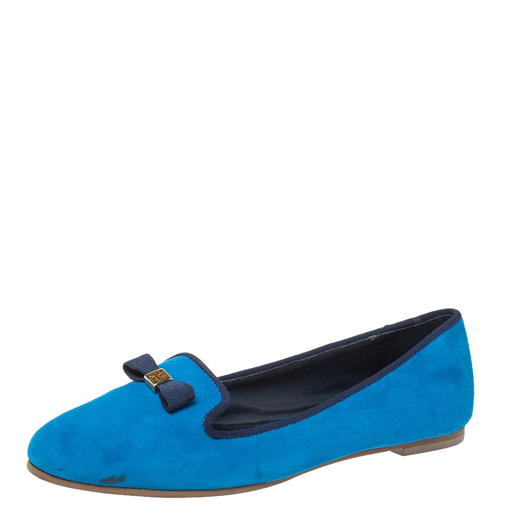 Tory Burch Blue Suede Leather Bow Slip On Loafers Size 38 Tory Burch | TLC