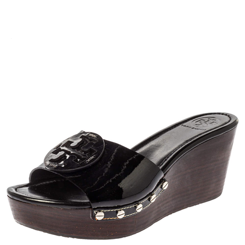 Tory Burch Black Patent Leather Wedge Open Toe Clog Sandals Size 40 Tory  Burch | TLC