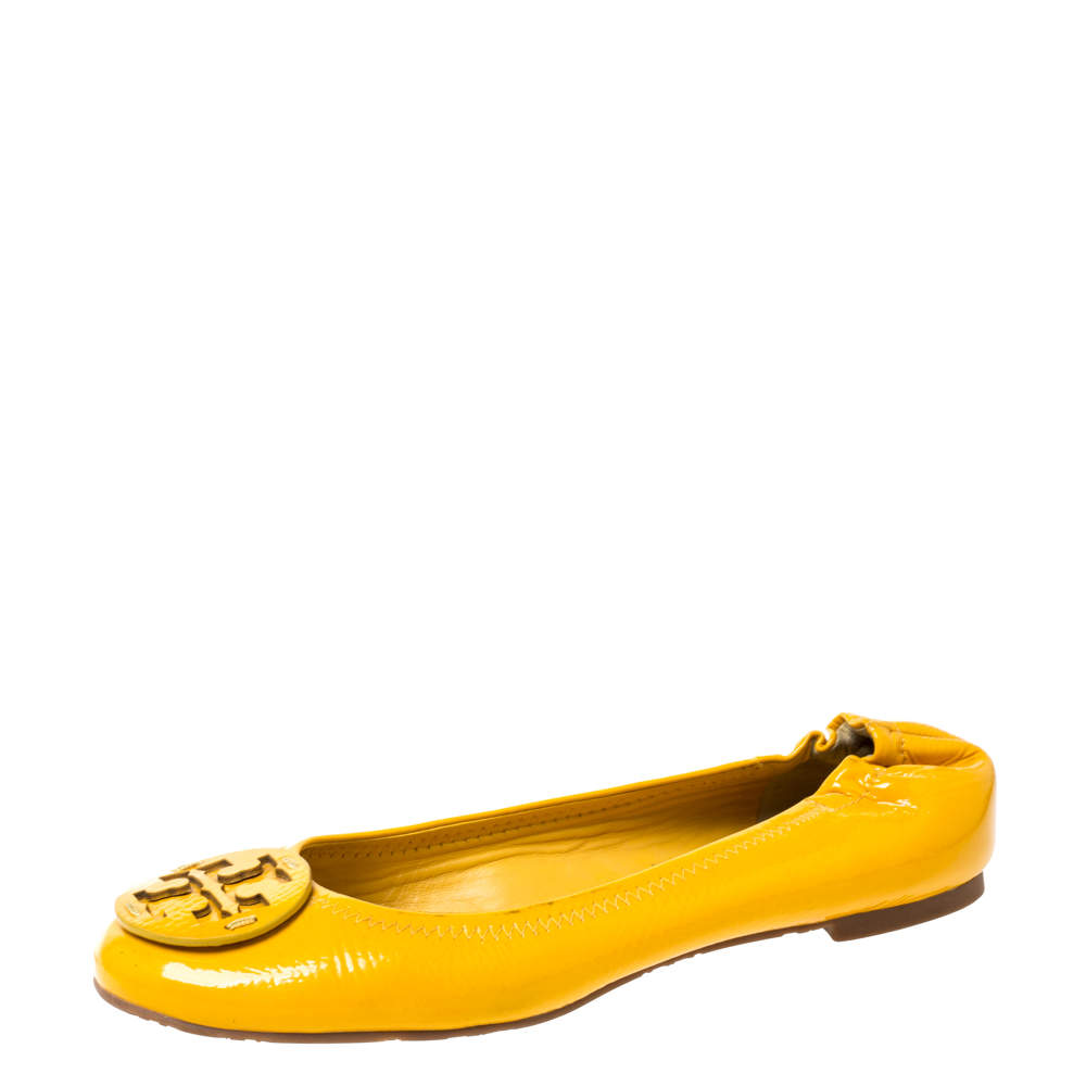Pre Owned Tory Burch Yellow Patent Leather Reva Scrunch Ballet Flats Size 38