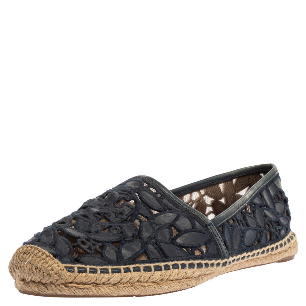 Pre Owned Tory Burch Navy Blue Navy Blue and Mesh Jacki Espadrille Flats Size 41