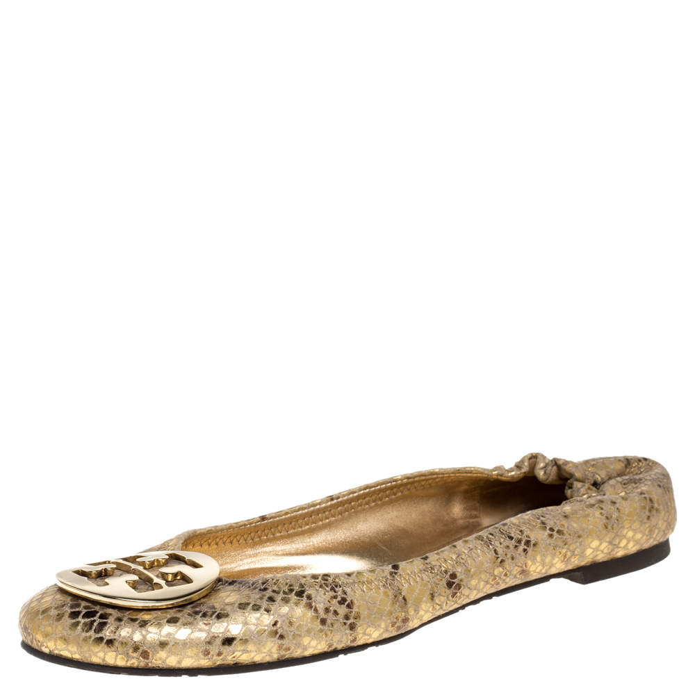 Pre Owned Tory Burch Metallic Gold Snakeskin Effect Leather Minnie Scrunch Ballet Flats Size 41